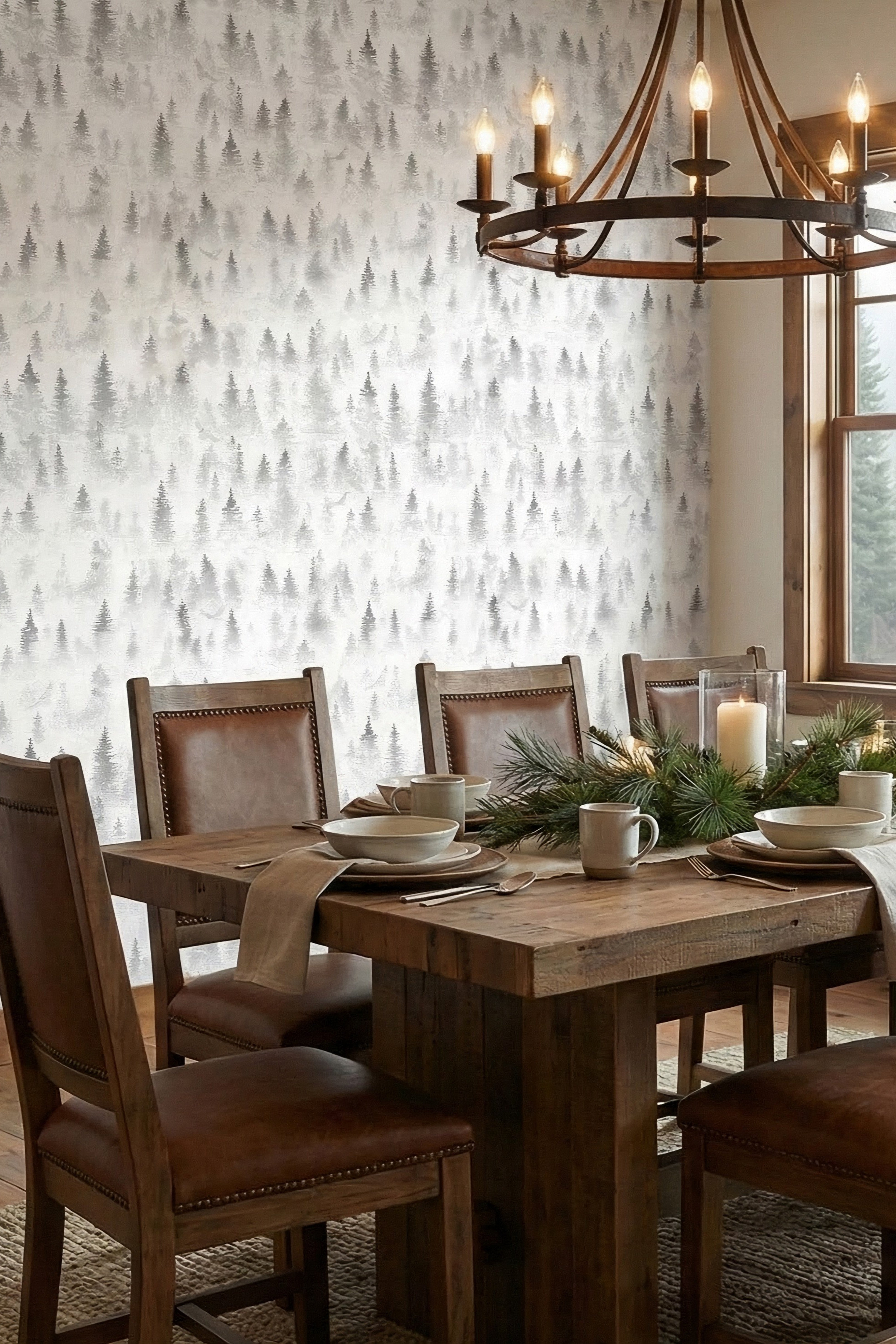Pine Mist wallpaper shown in a dining room