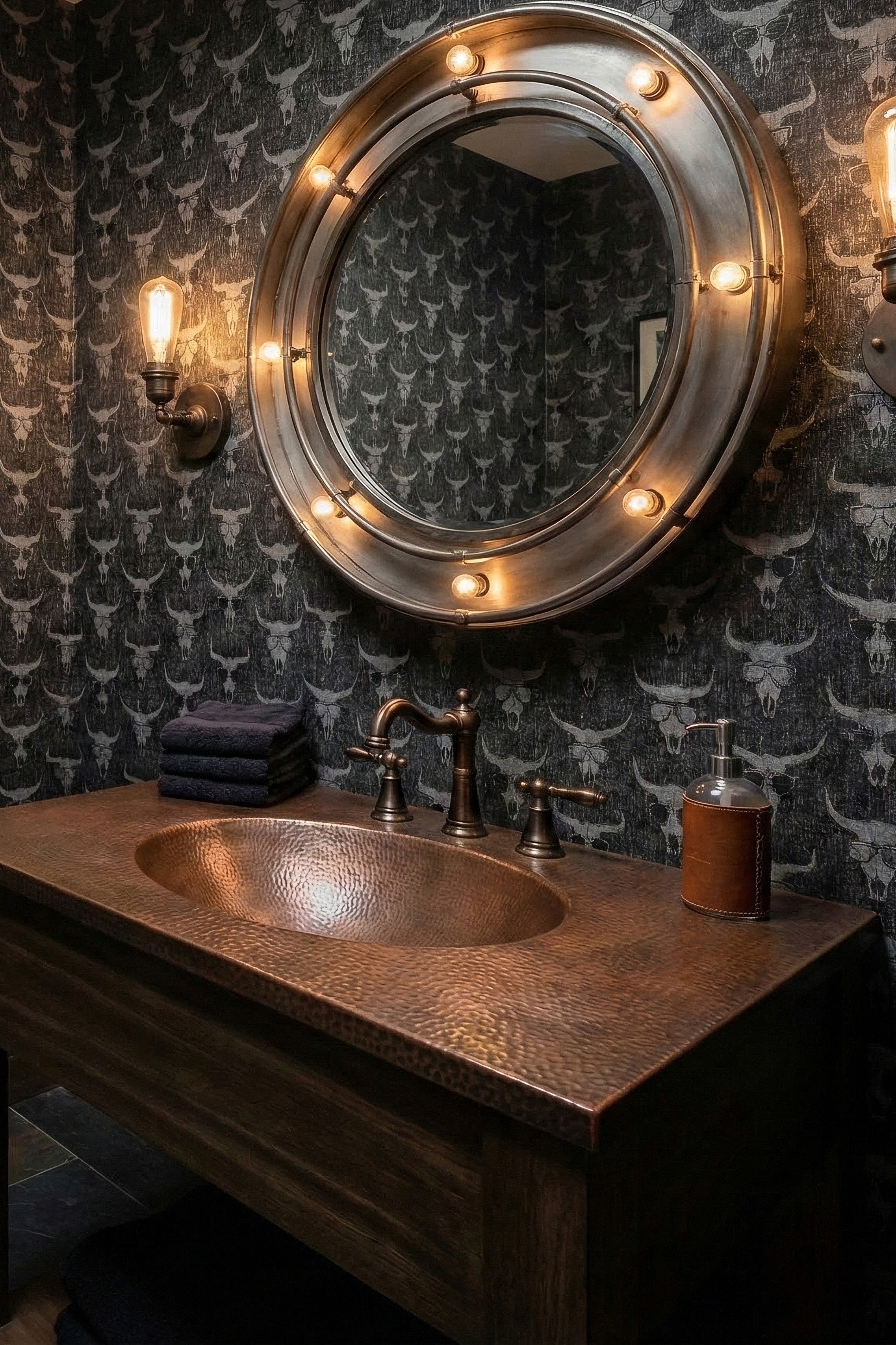 Longhorn Saloon wallpaper shown in a powder room