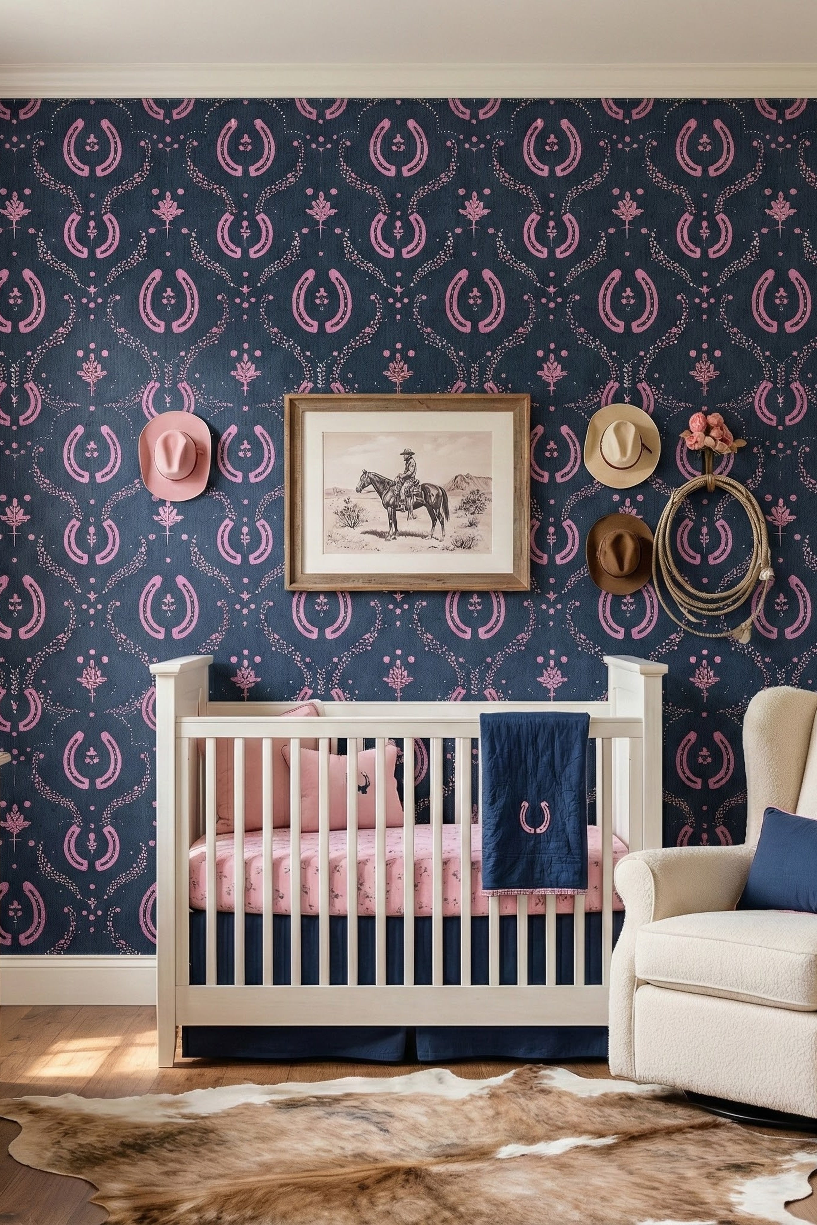 Rodeo Princess wallpaper shown in a nursery
