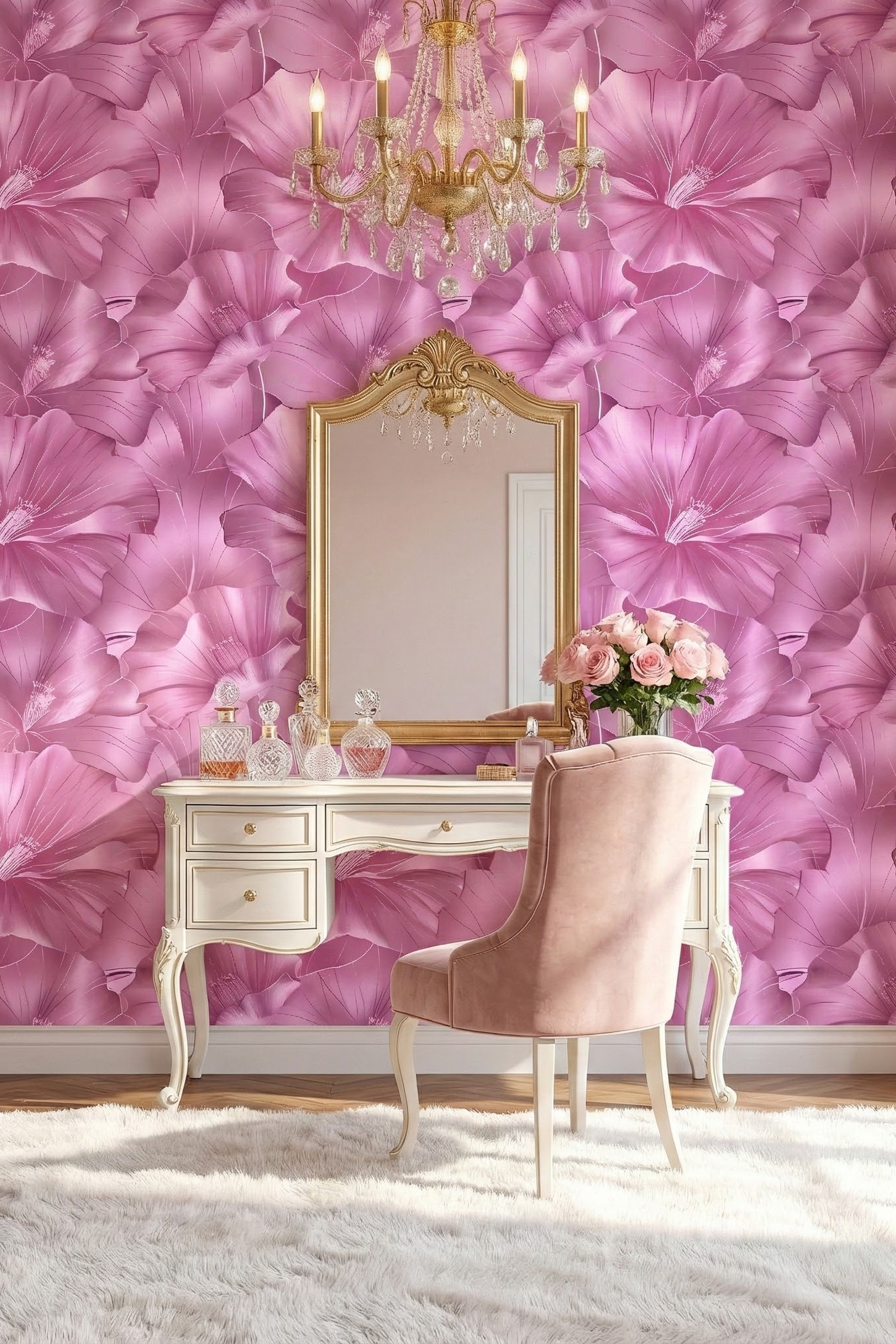 Rose Marquee wallpaper shown in a makeup vanity
