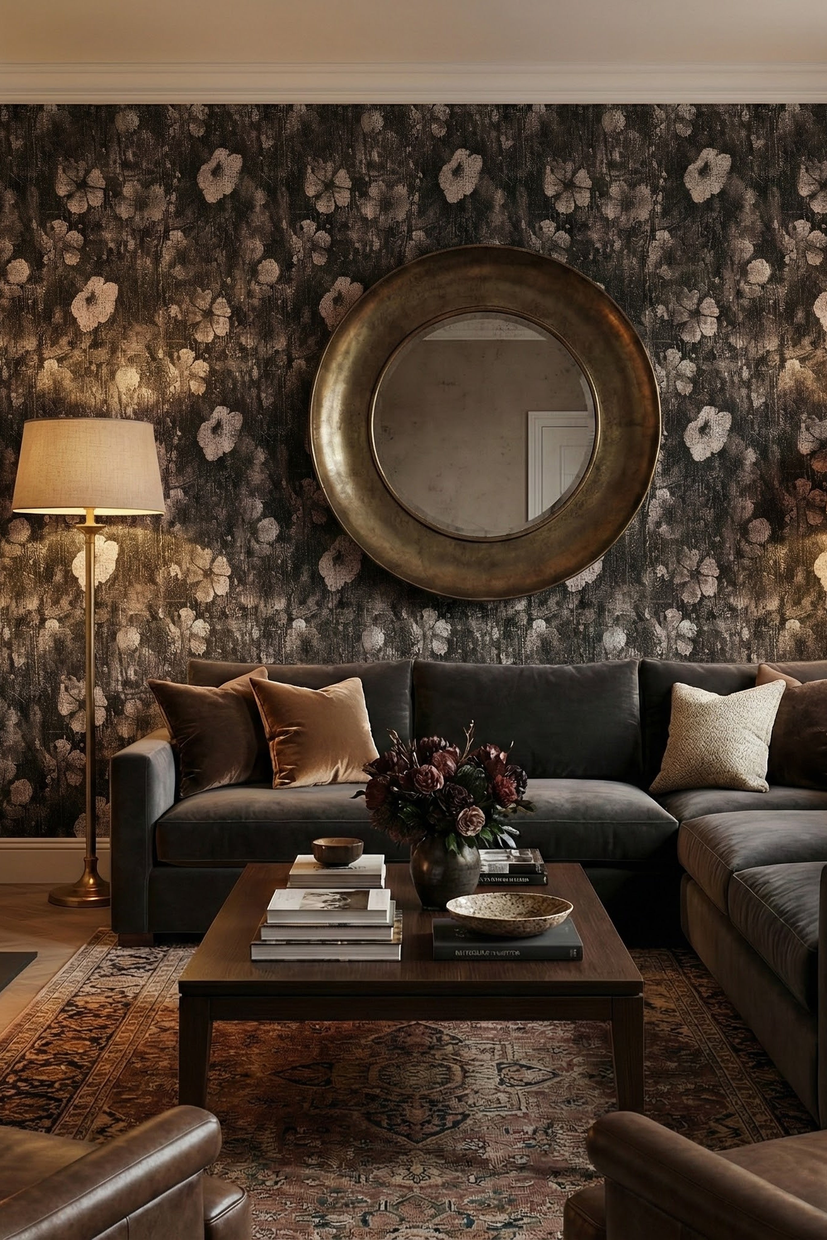 Denim Bloom wallpaper shown in a living room