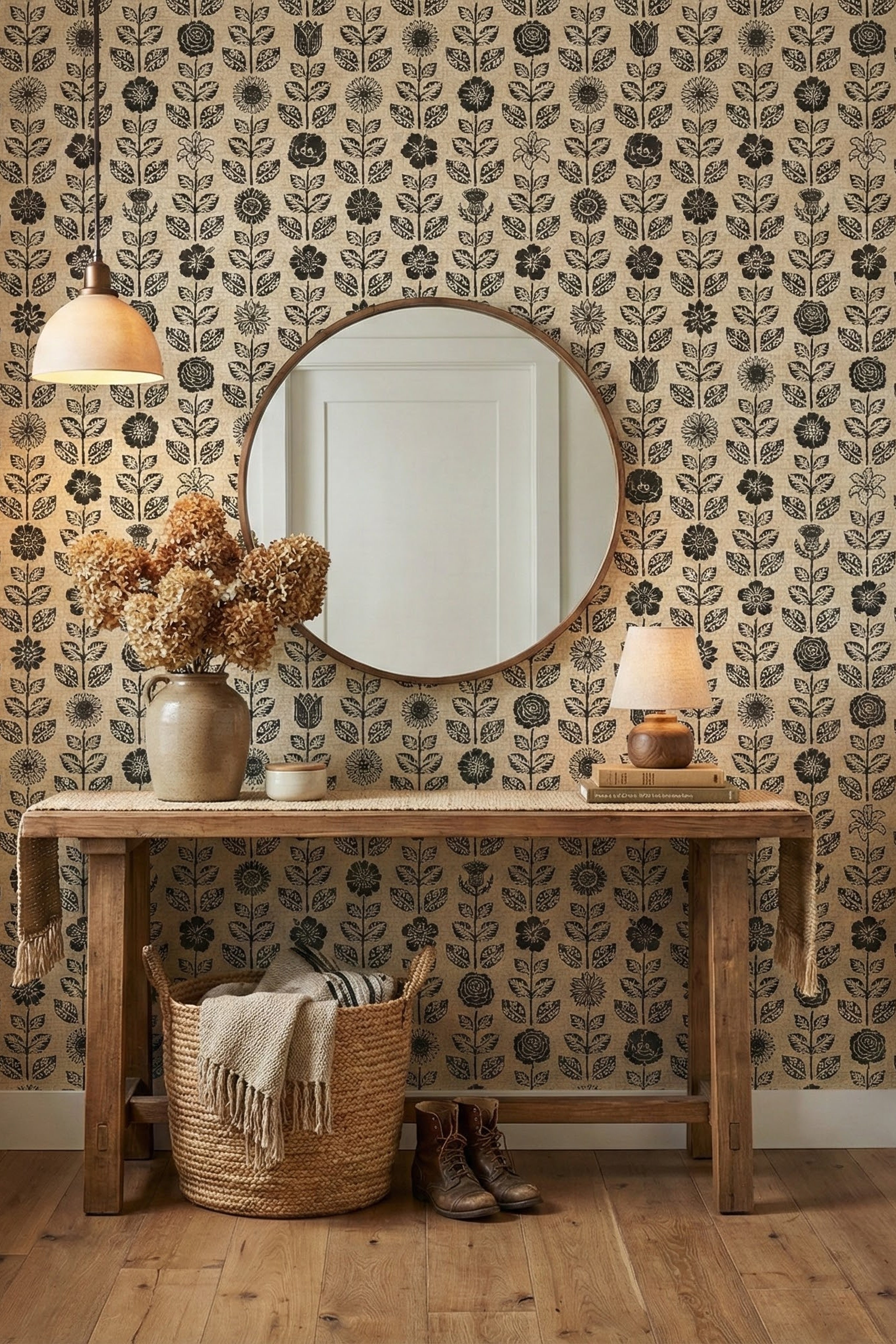 Farmhouse Folk wallpaper shown in an entryway