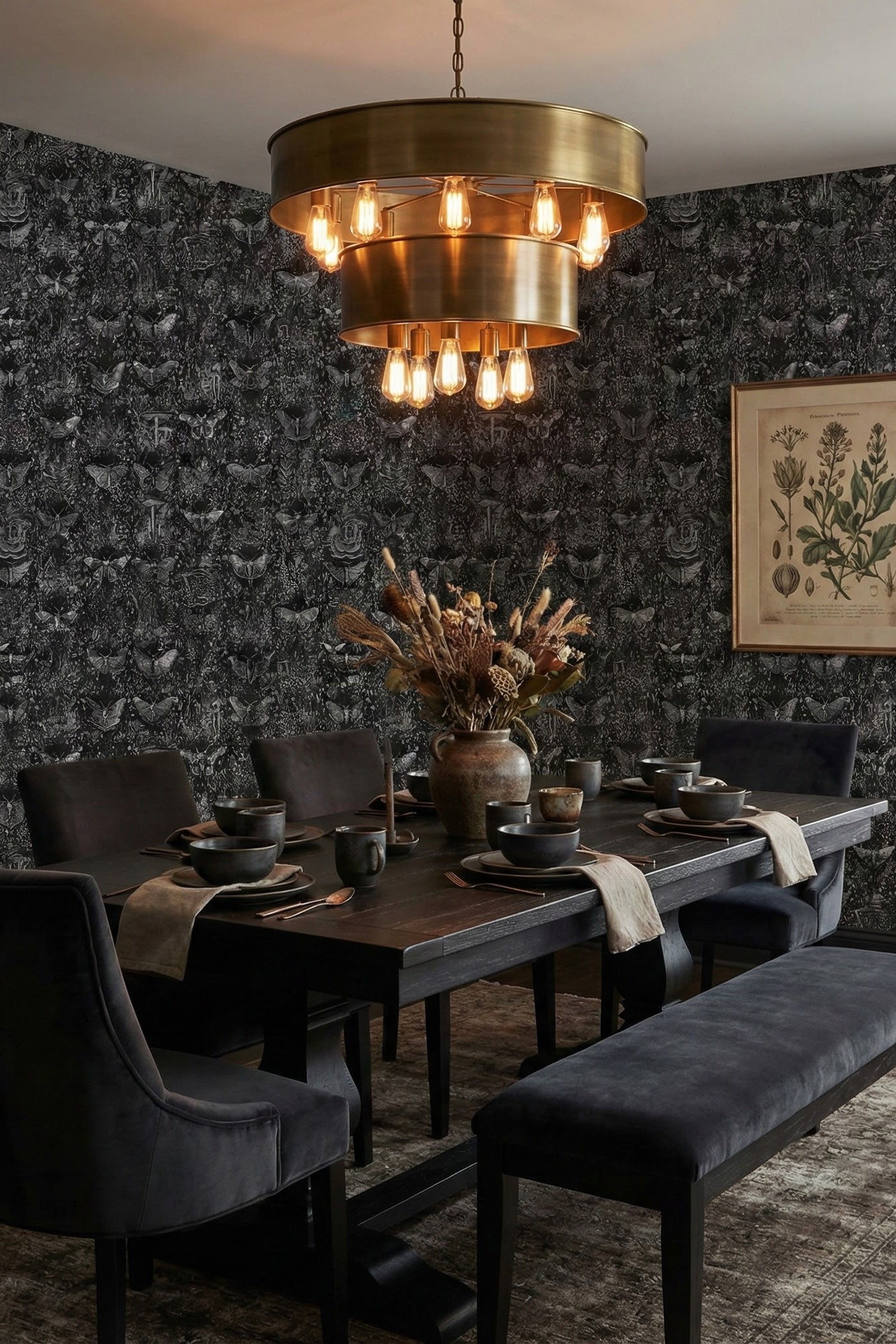 Midnight Academia wallpaper shown in a dining room