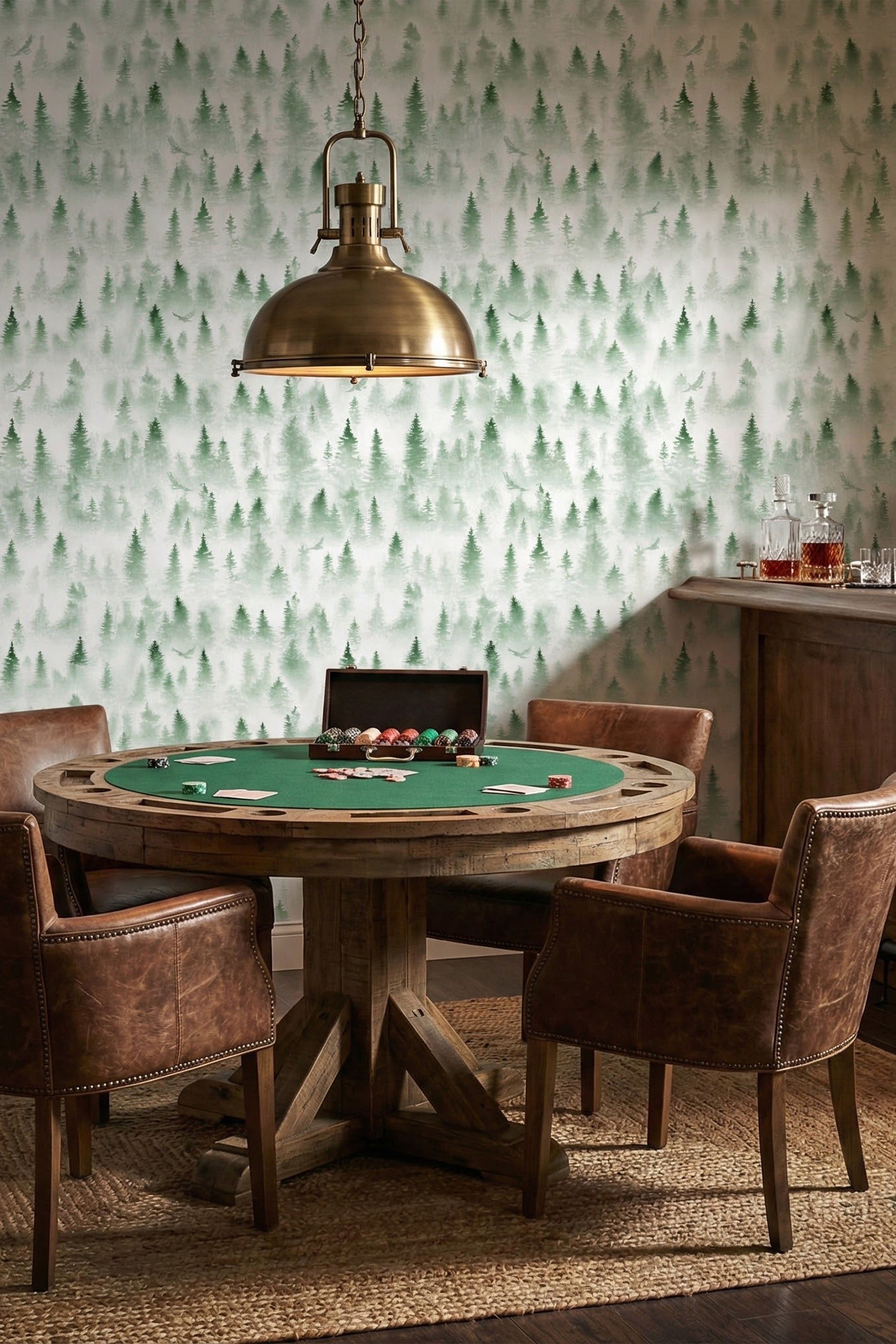 Evergreen Mist wallpaper shown in a game room