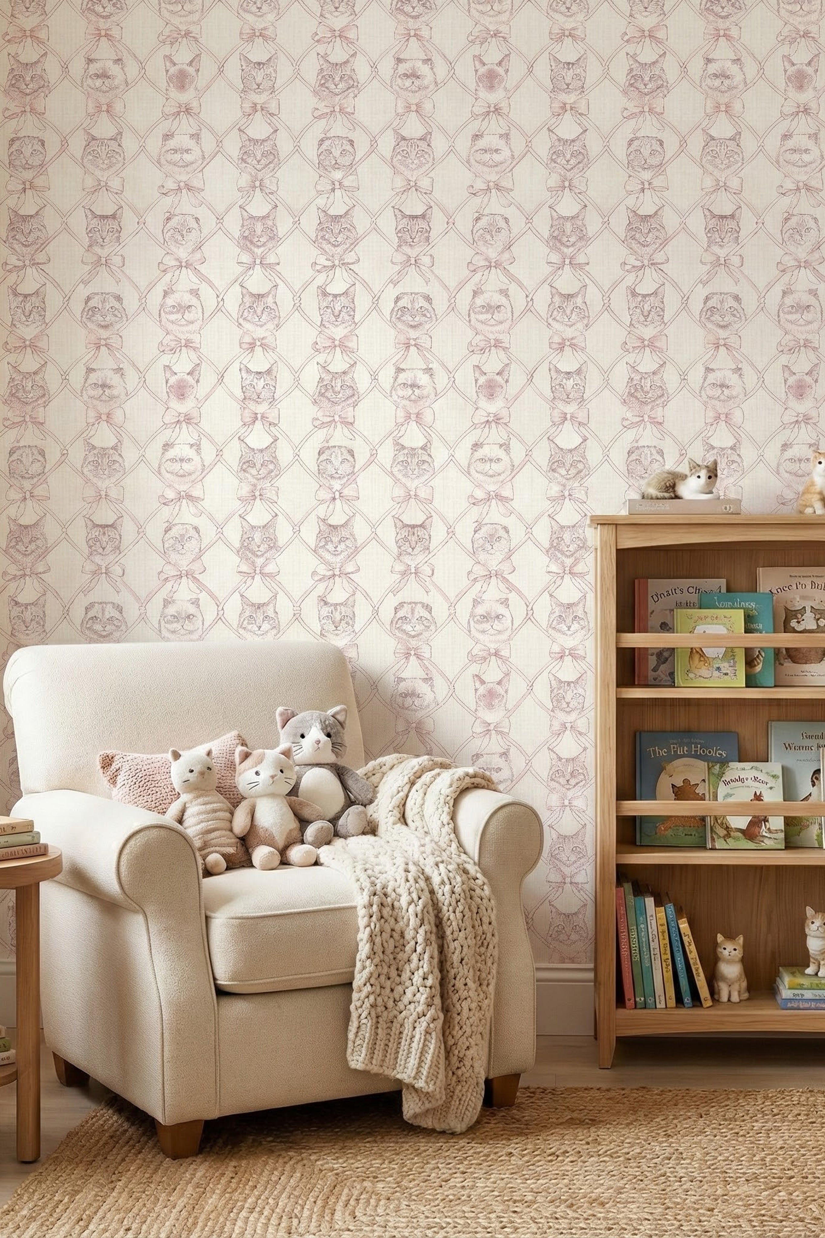 Kitty Bow wallpaper shown in a reading corner