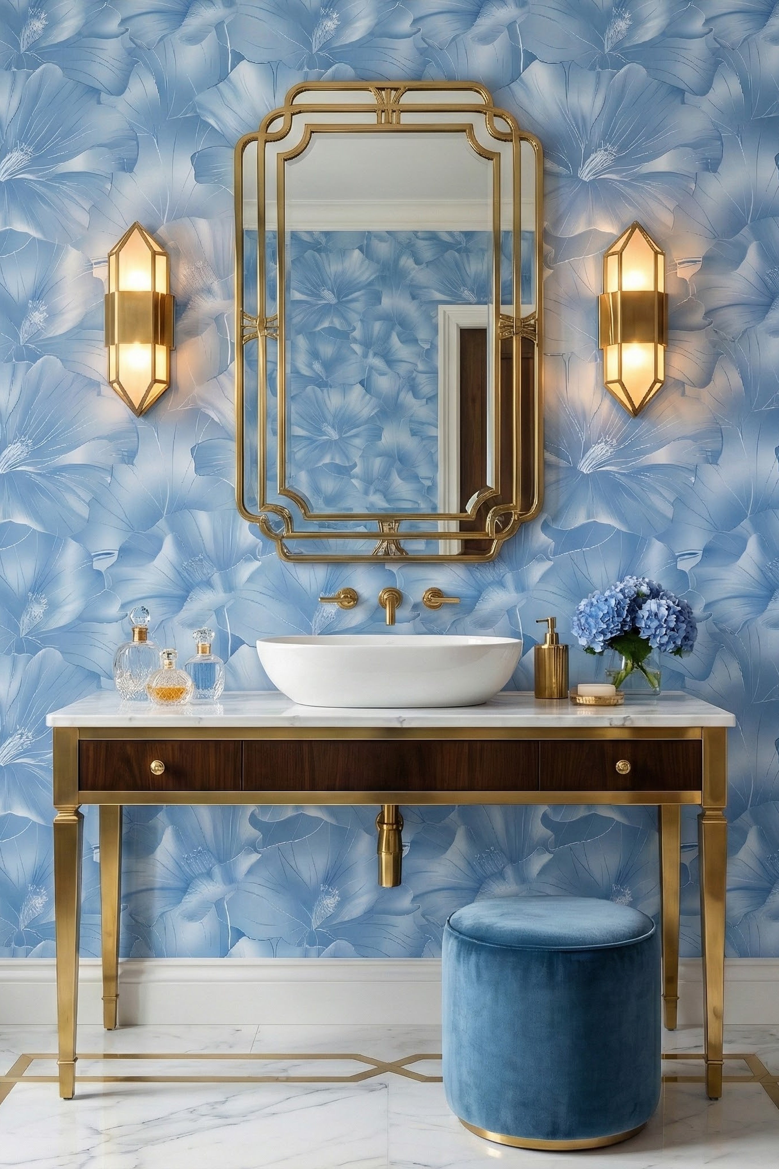 Bluebell Deco wallpaper shown in a powder room