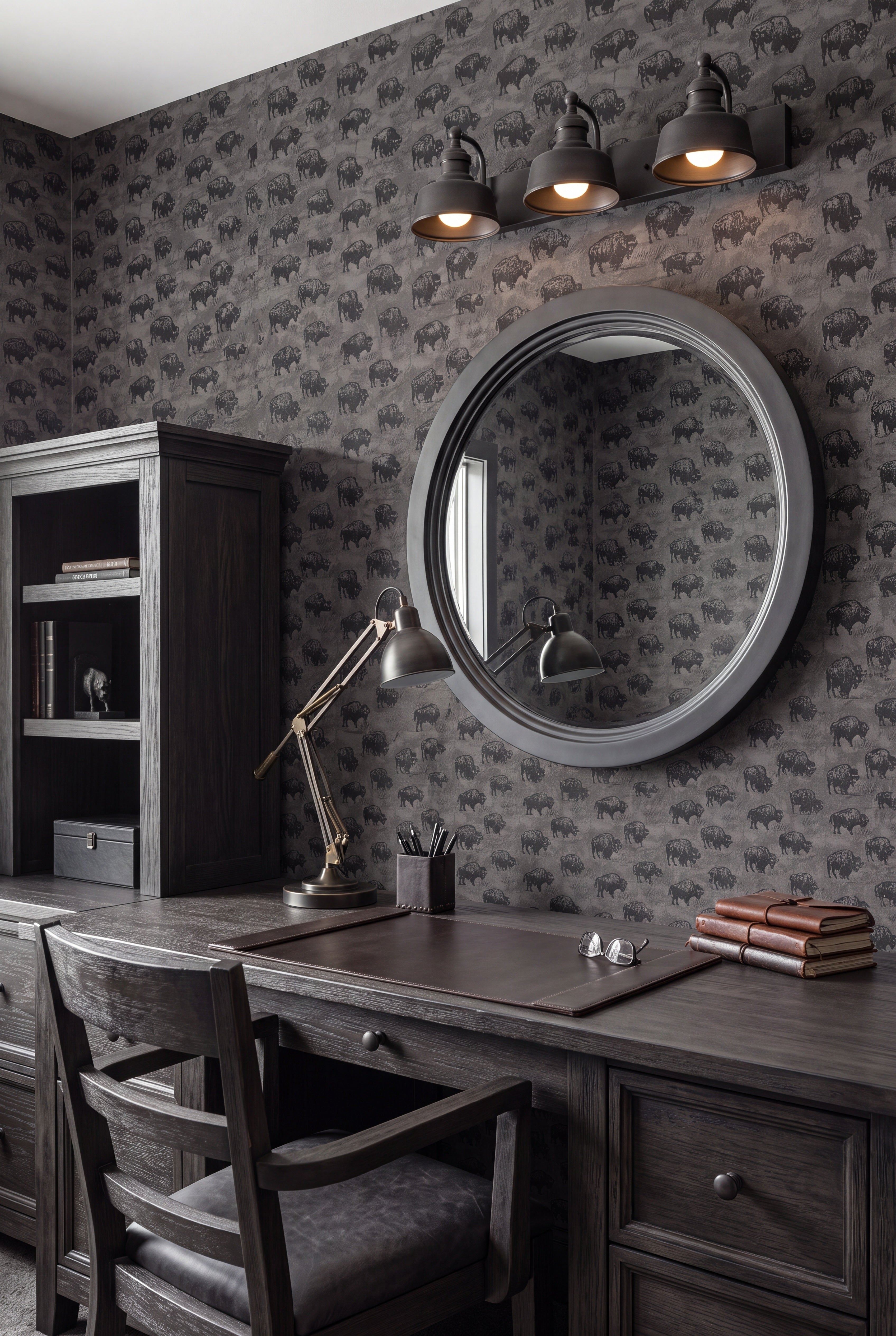 Midnight Bison wallpaper shown in a home office