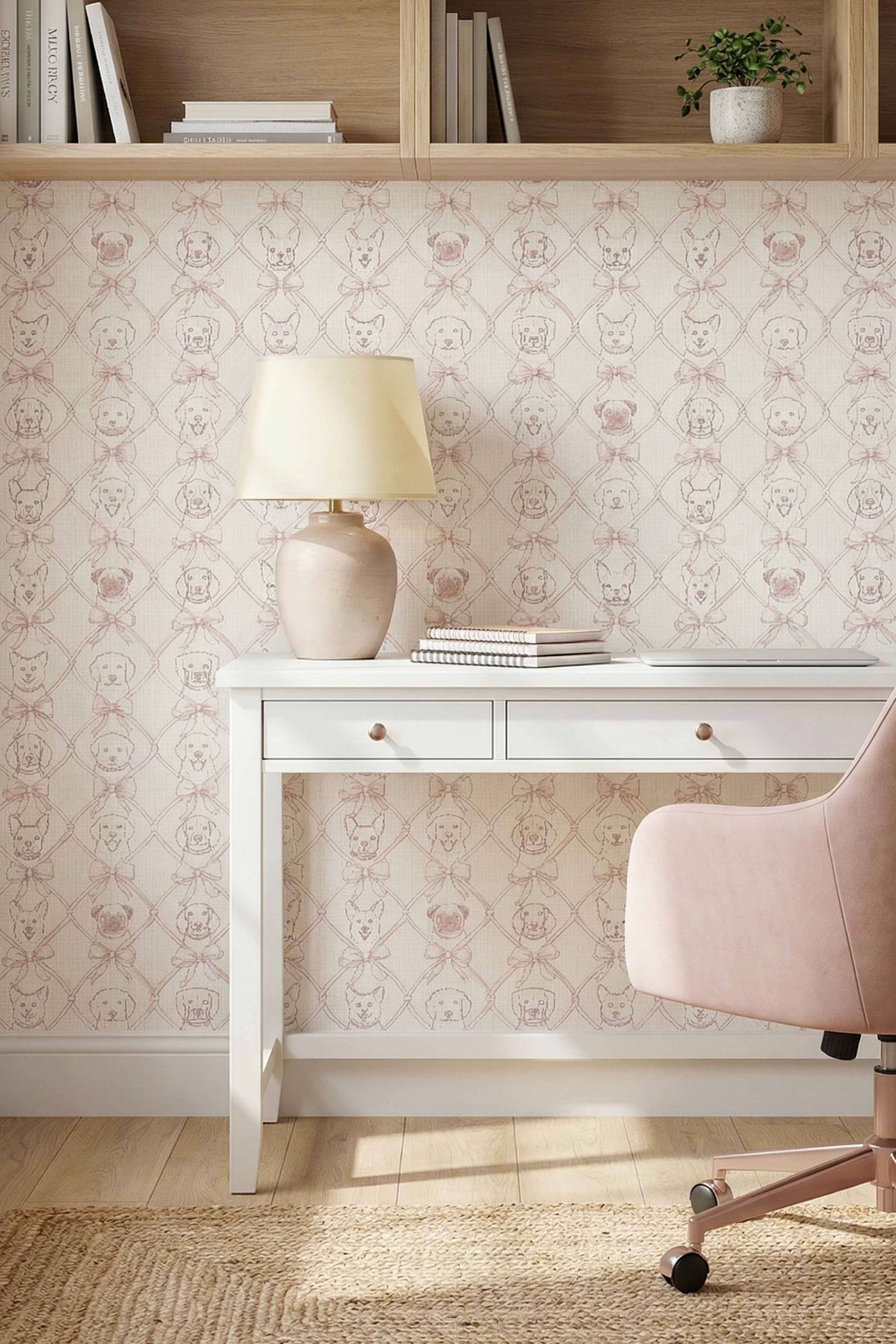 Puppy Bow wallpaper shown in a home office