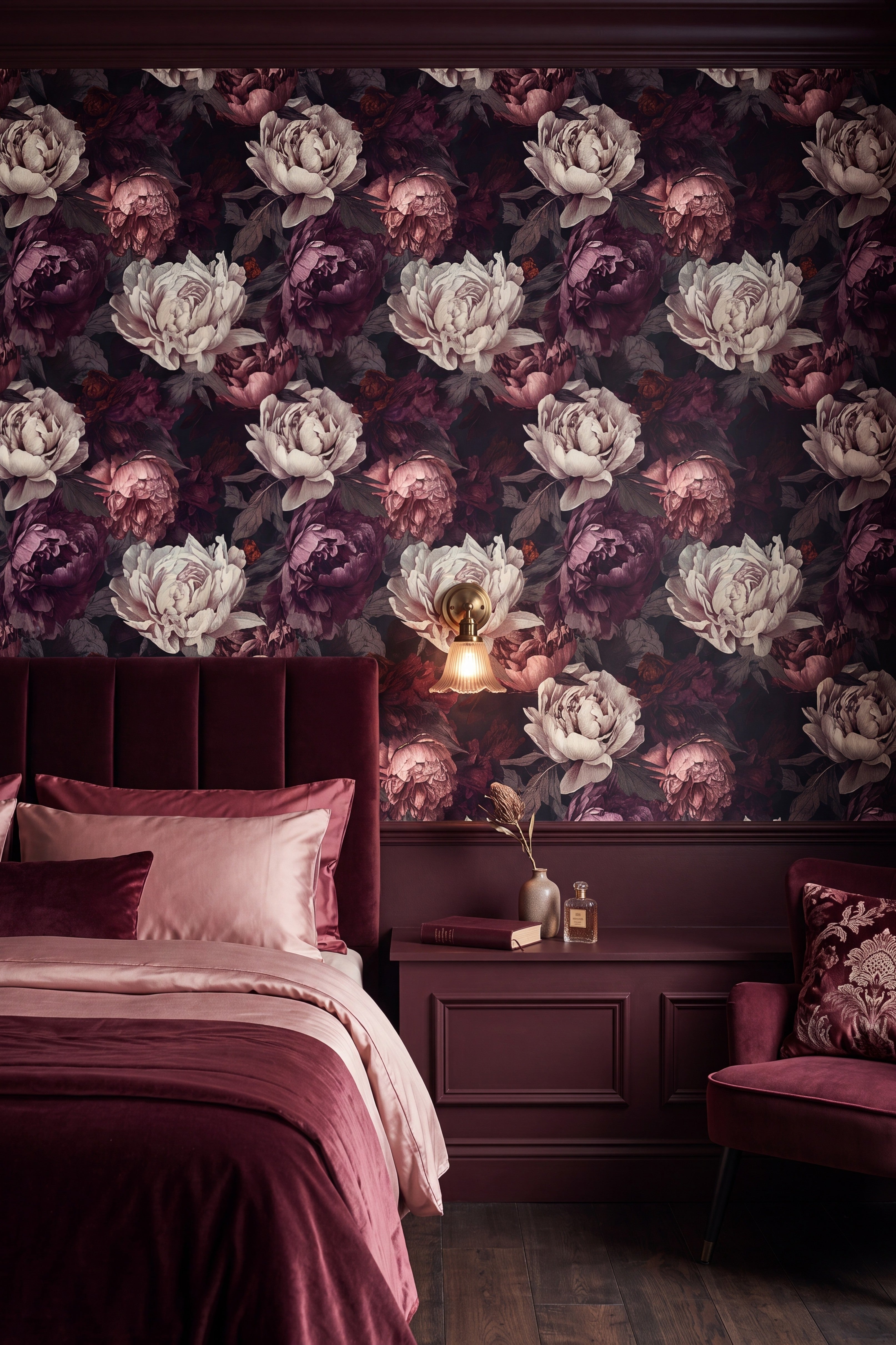 Raven Peony wallpaper shown in a bedroom