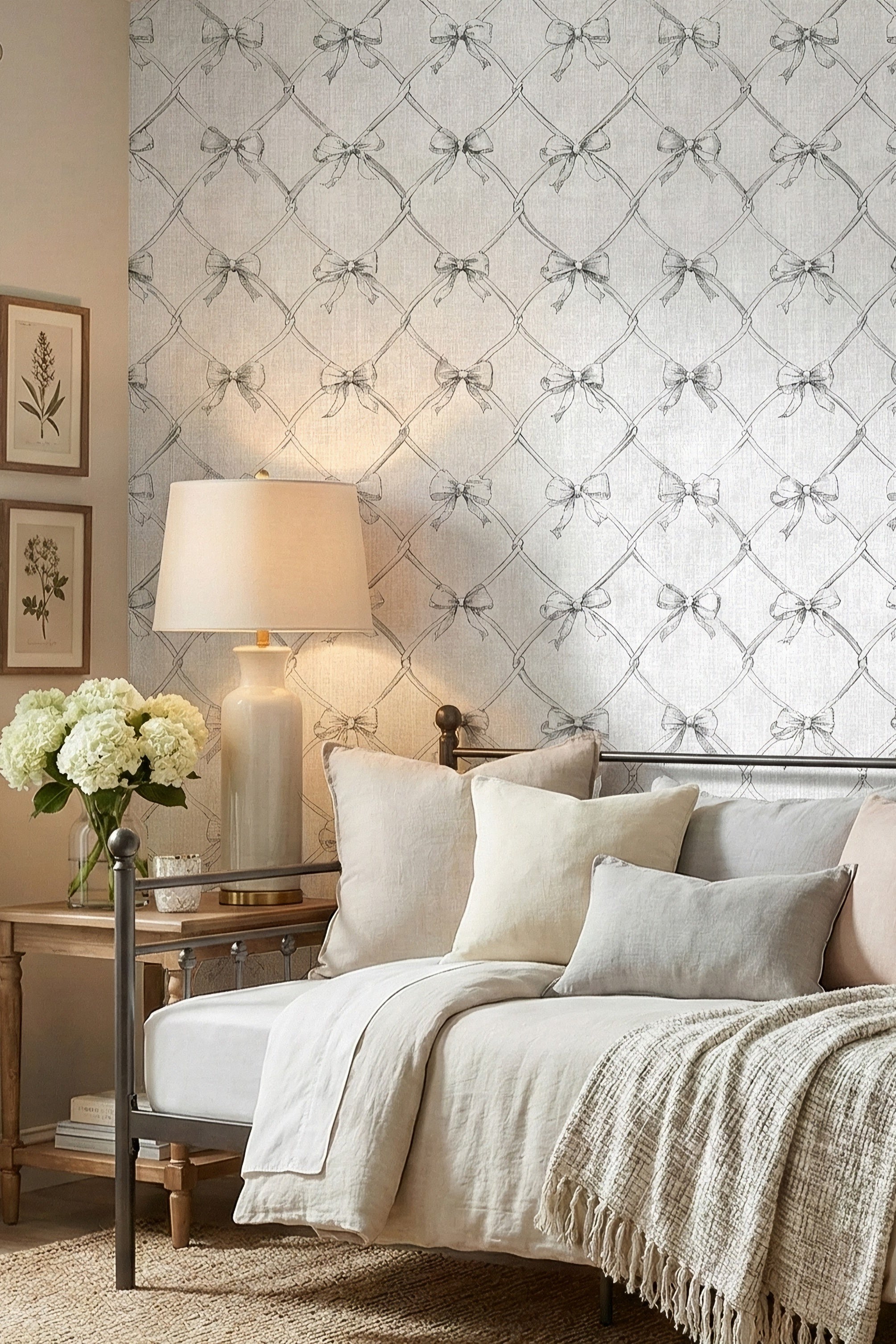 Tuxedo Bow wallpaper shown in a daybed nook