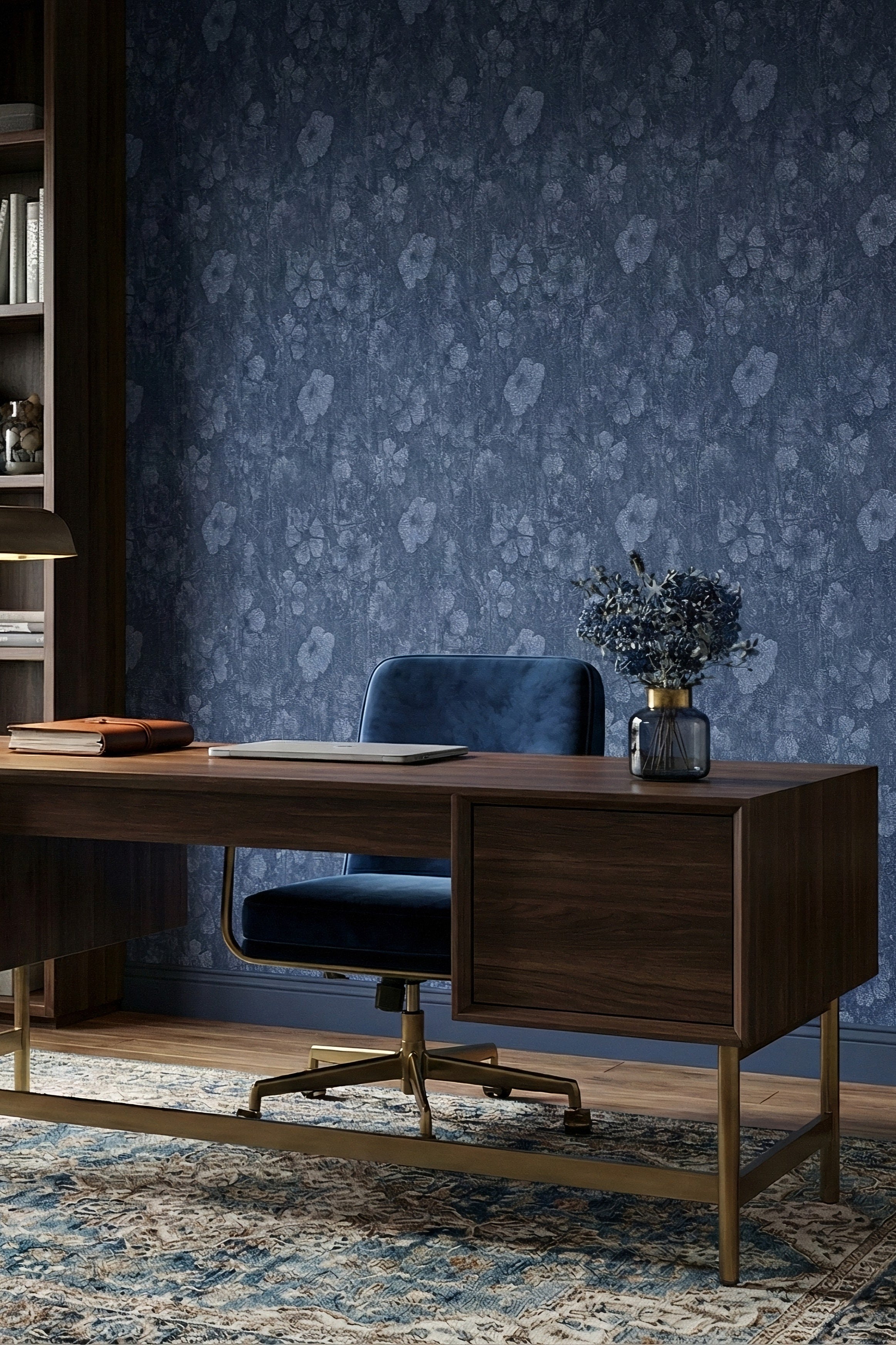 Denim Garden wallpaper shown in a home office