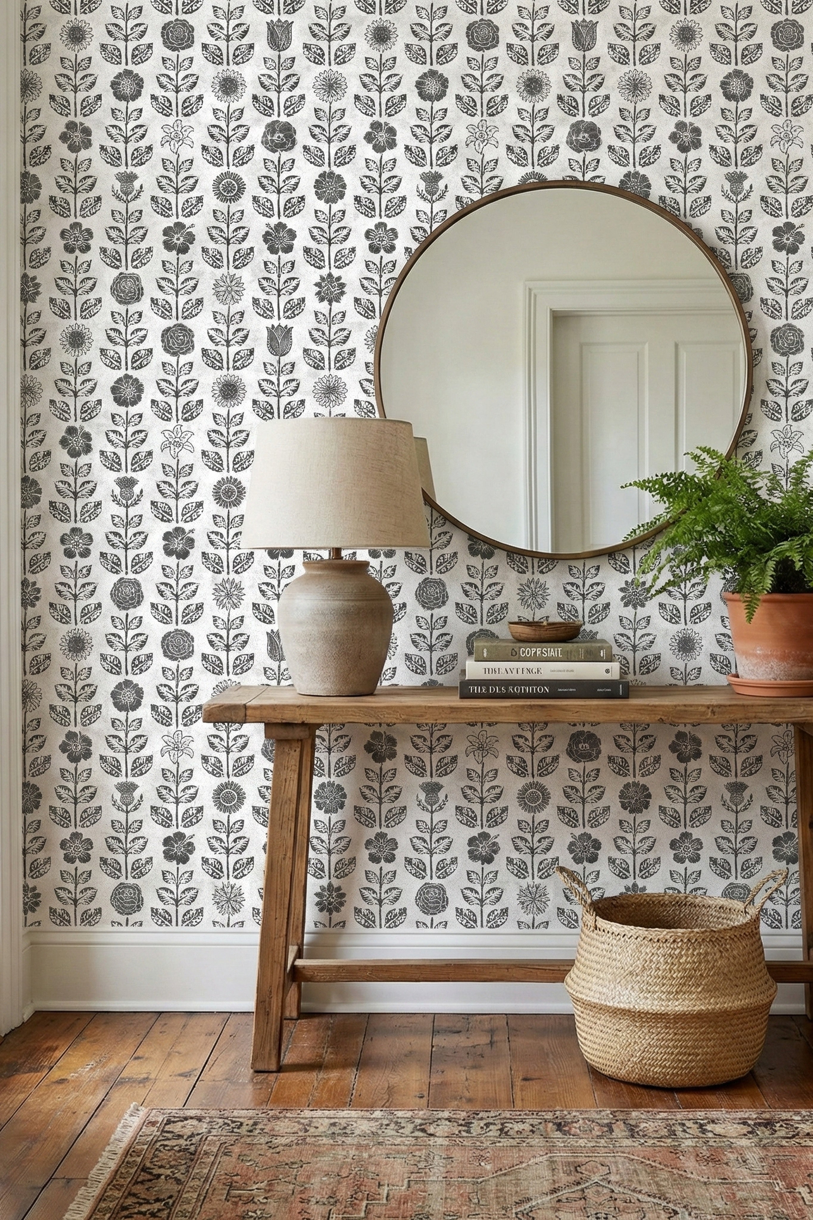 Ink Folk wallpaper shown in an entryway