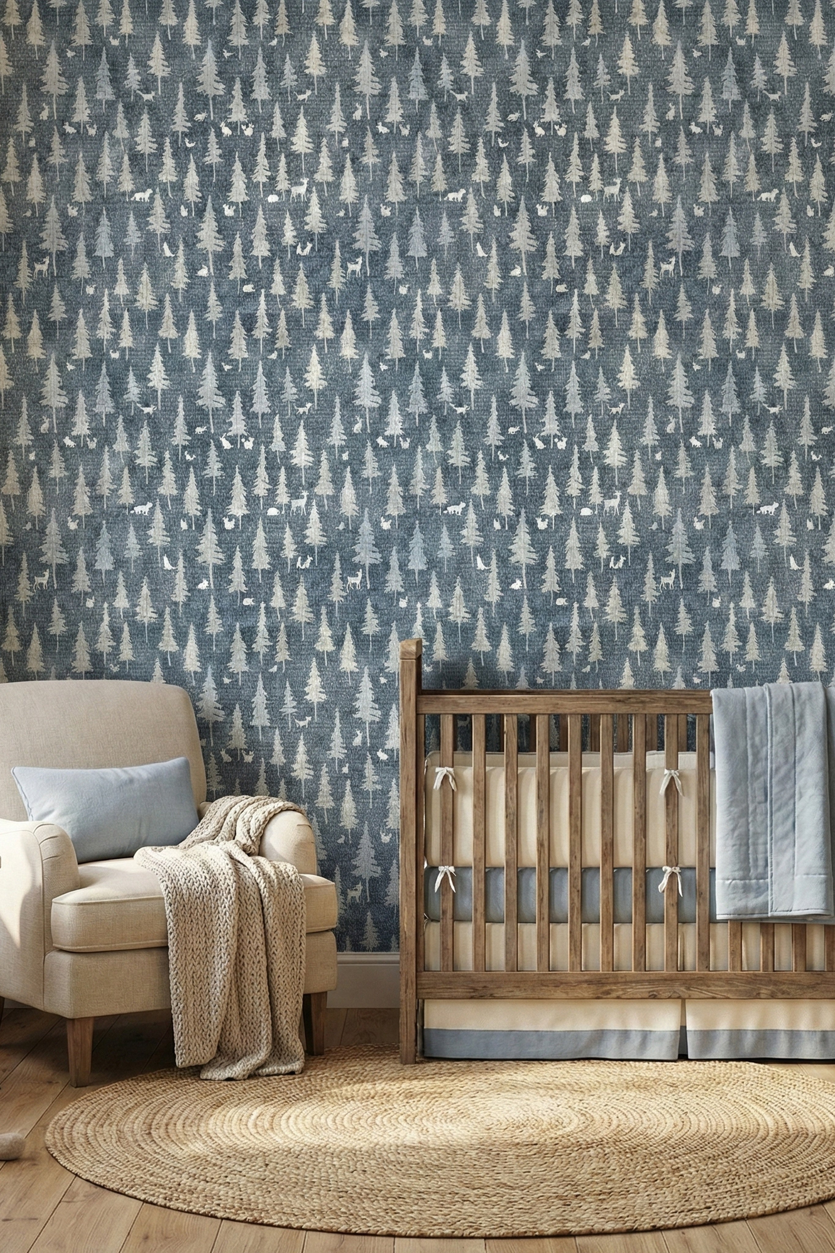 Twilight Woodland wallpaper shown in a nursery