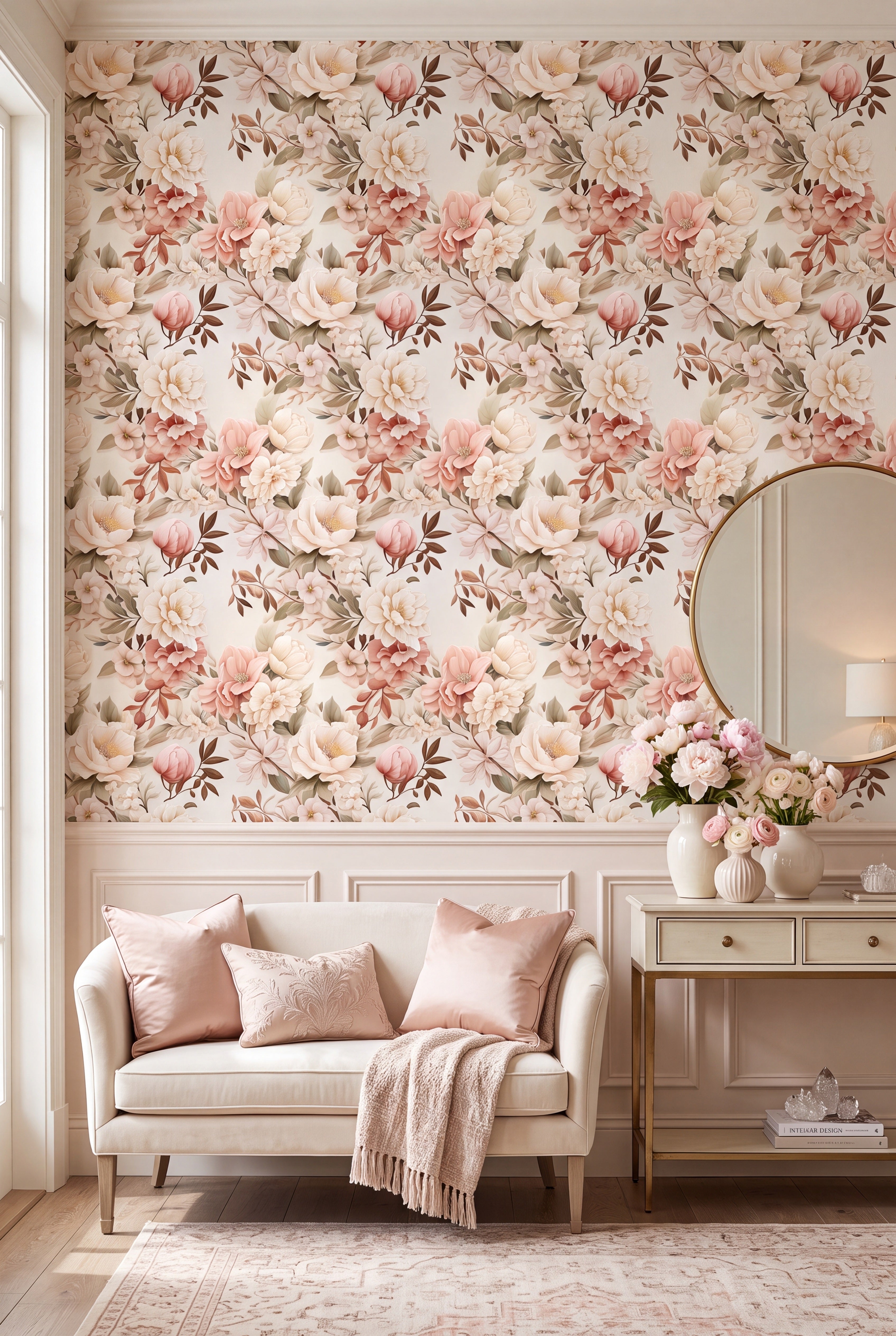 Antique Blush wallpaper shown in a living room