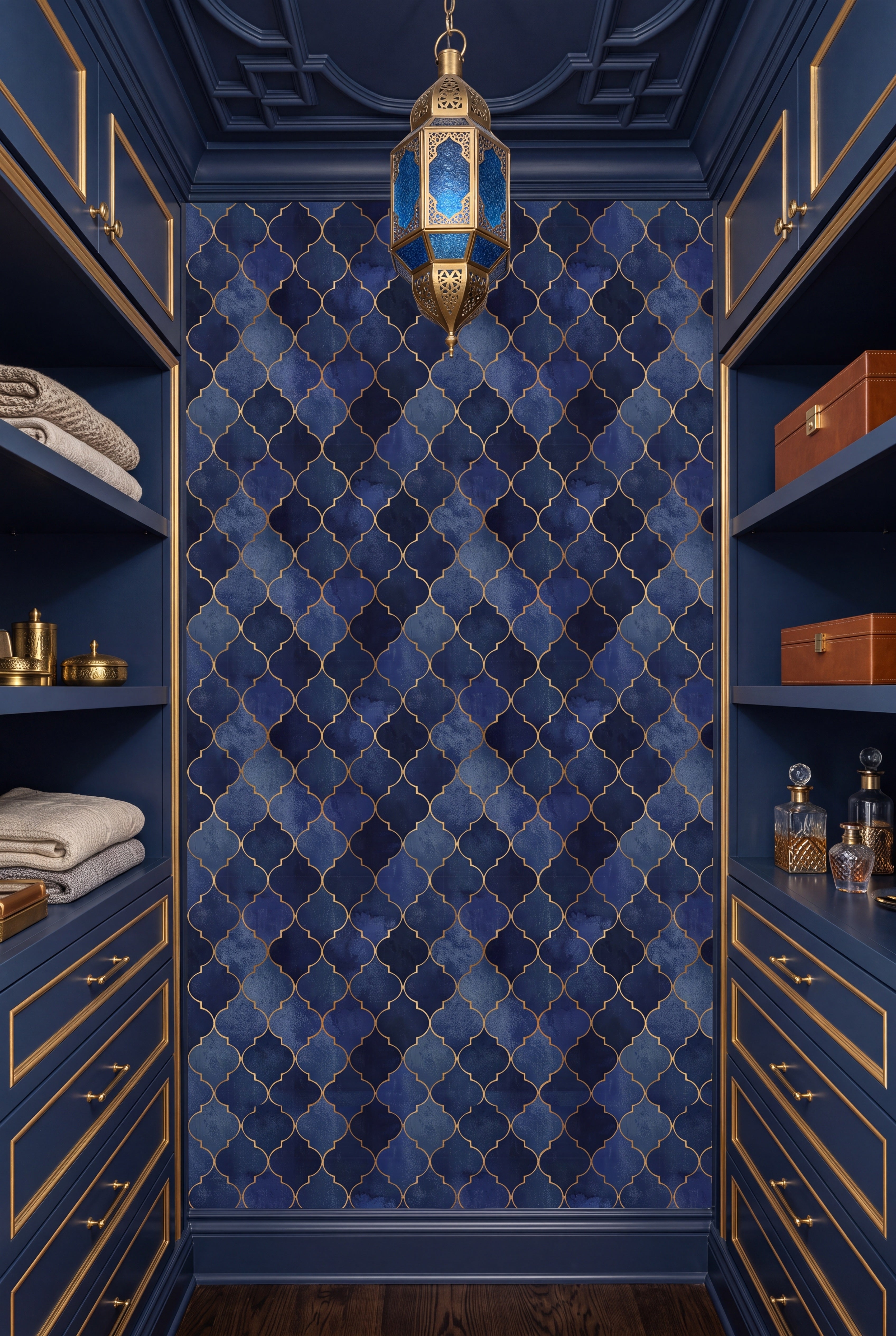 Admiral Trellis wallpaper shown in a closet