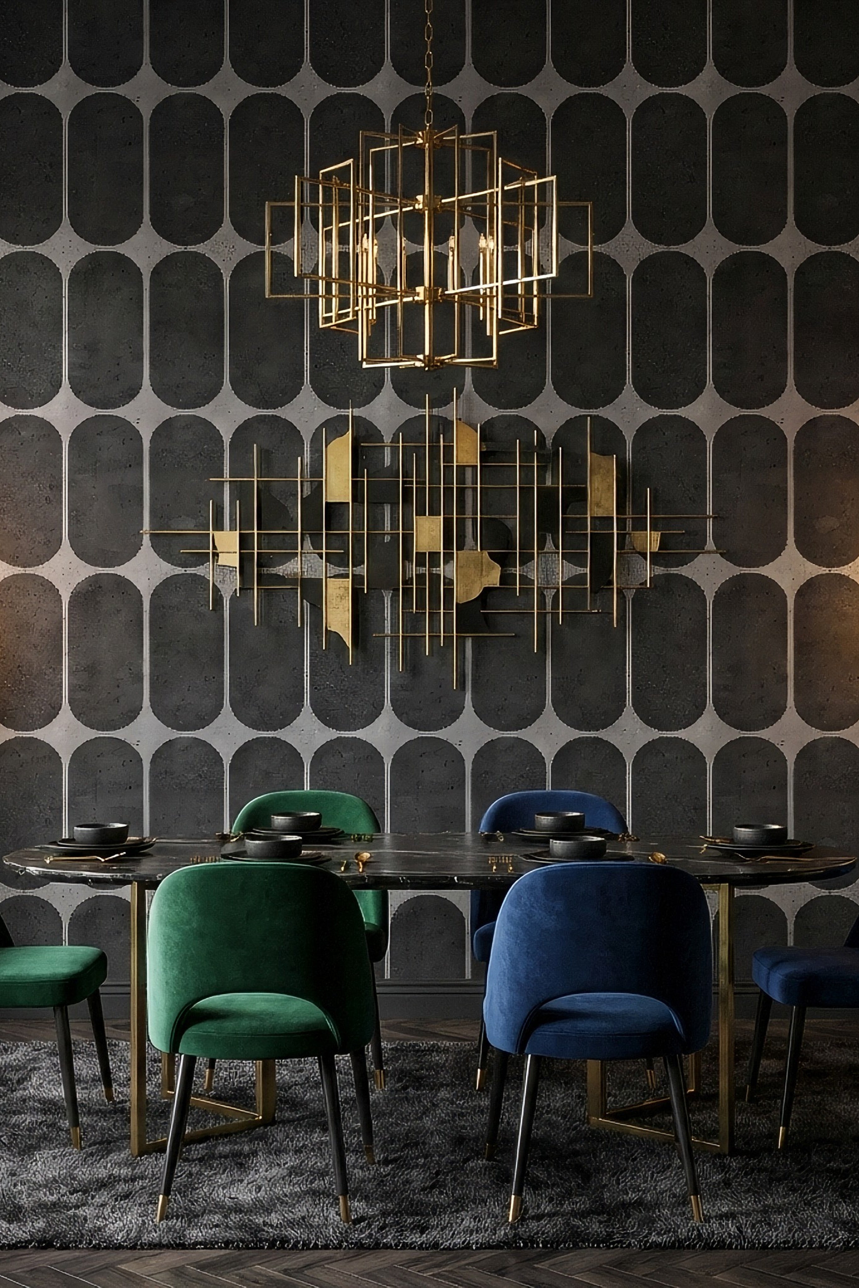 Brutalist wallpaper shown in a dining room