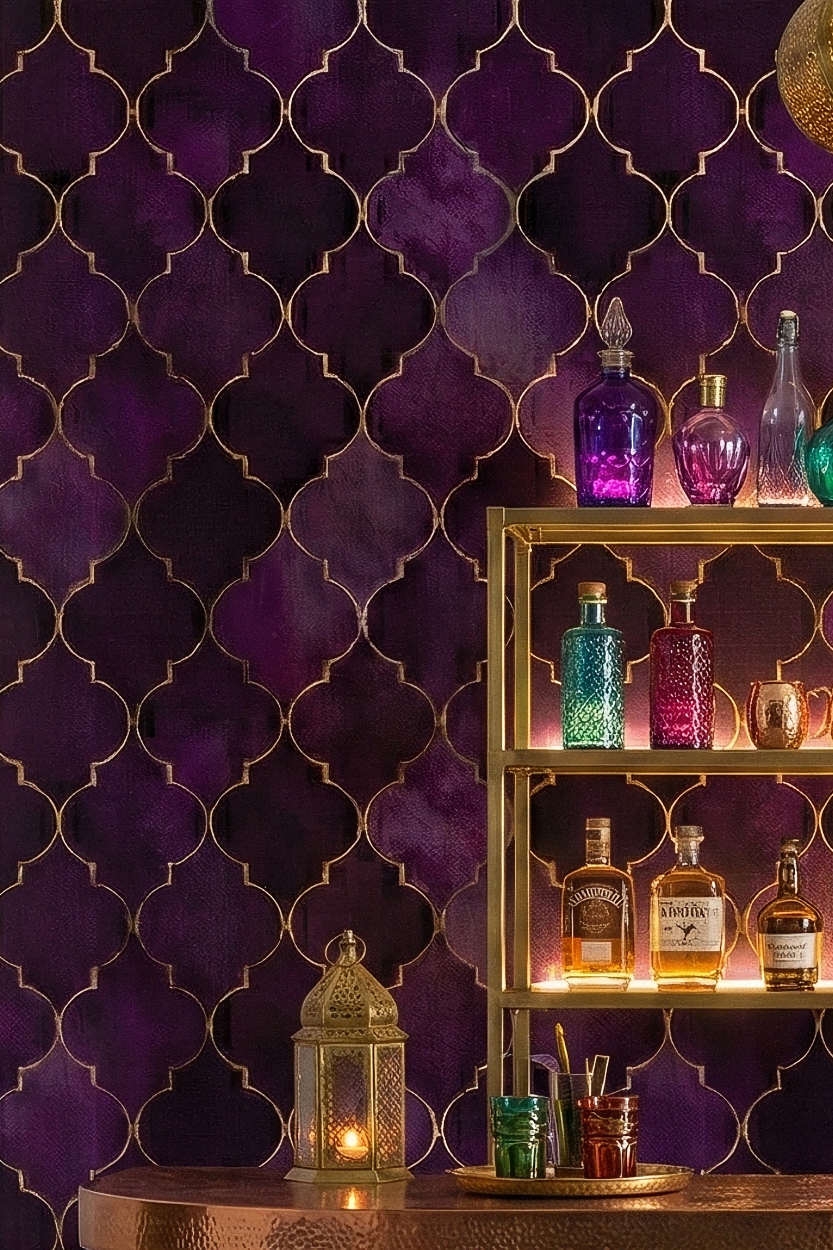Amethyst Trellis wallpaper shown in a home bar