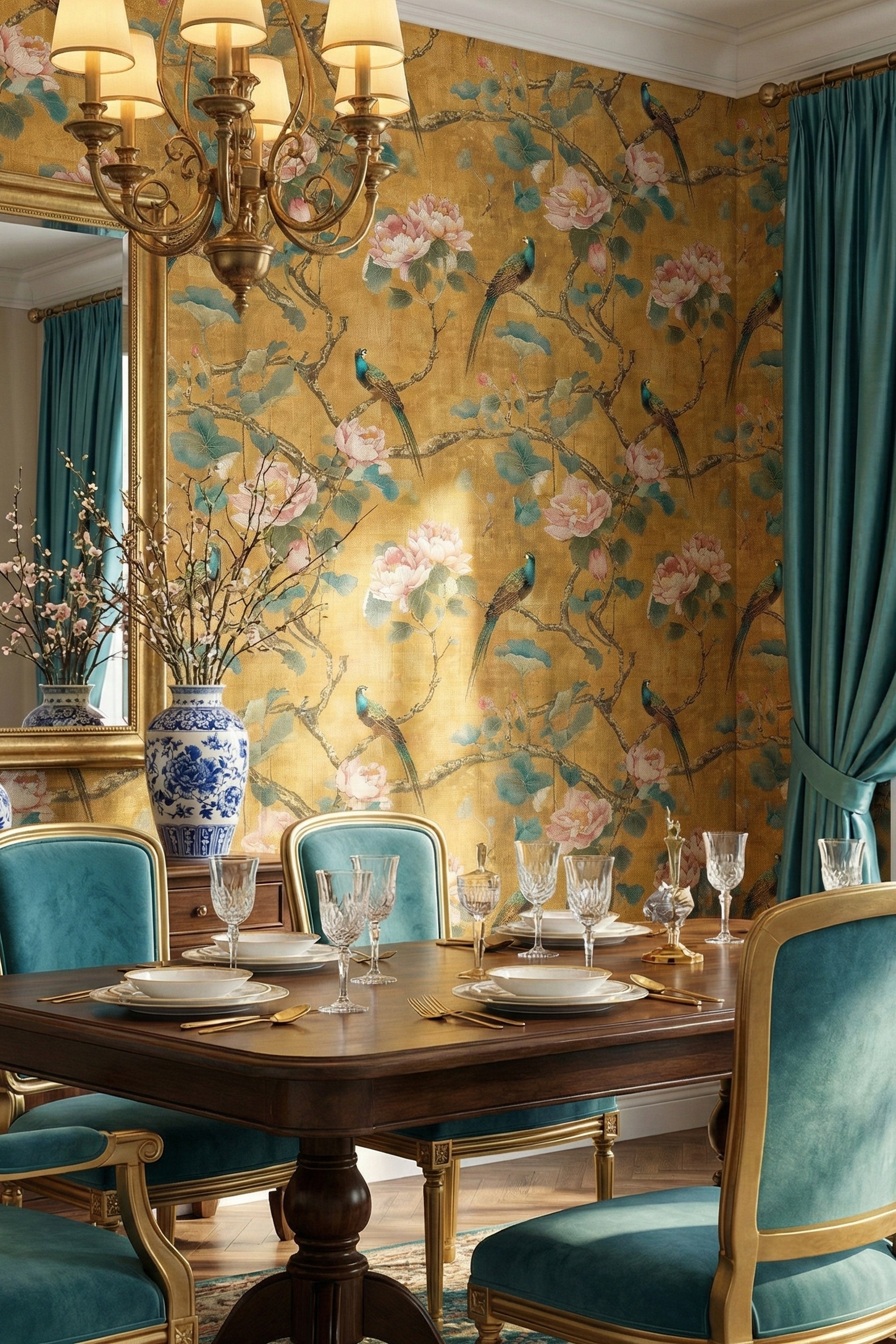 Golden Garden wallpaper shown in a dining room
