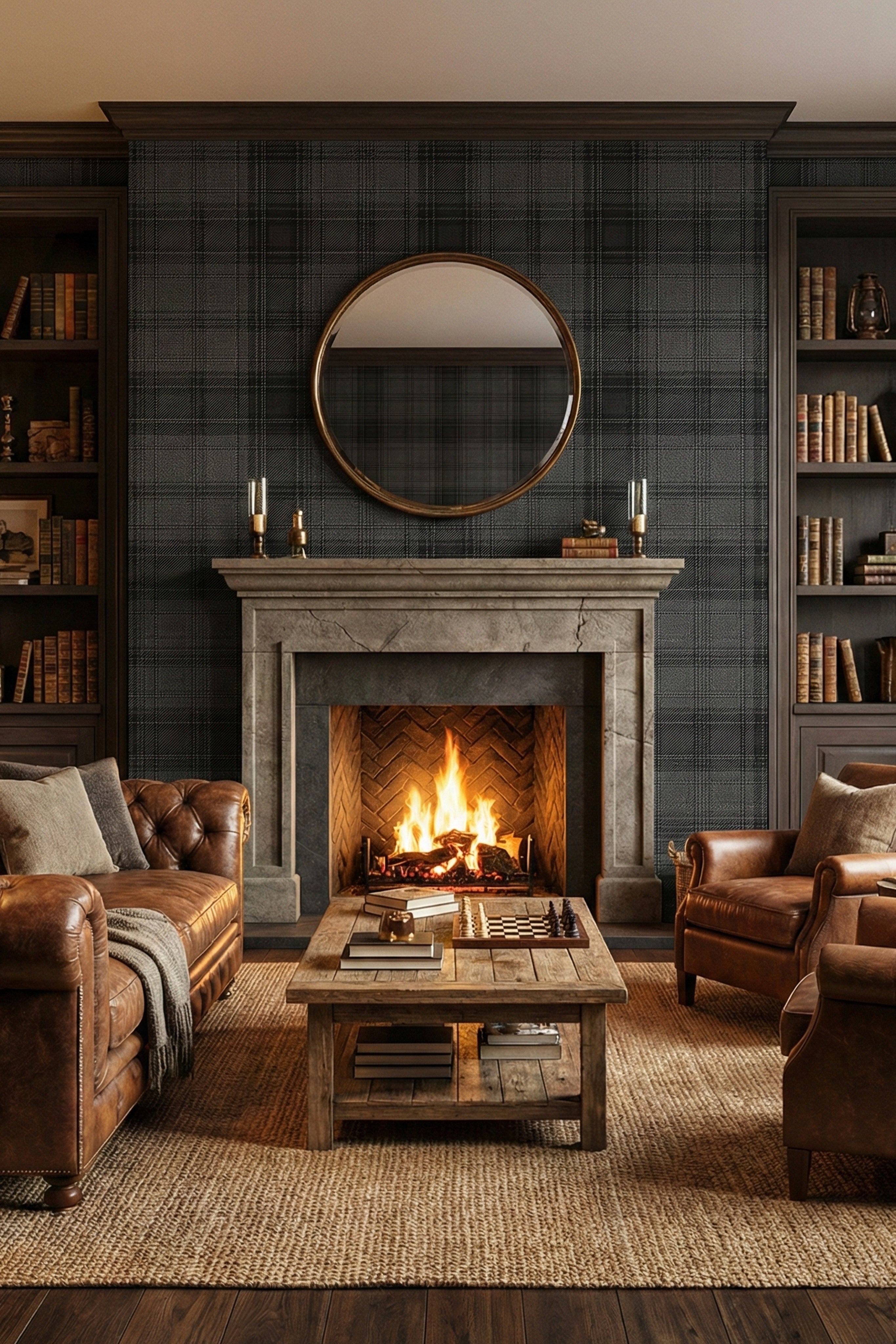 Charcoal Flannel wallpaper shown in a living room