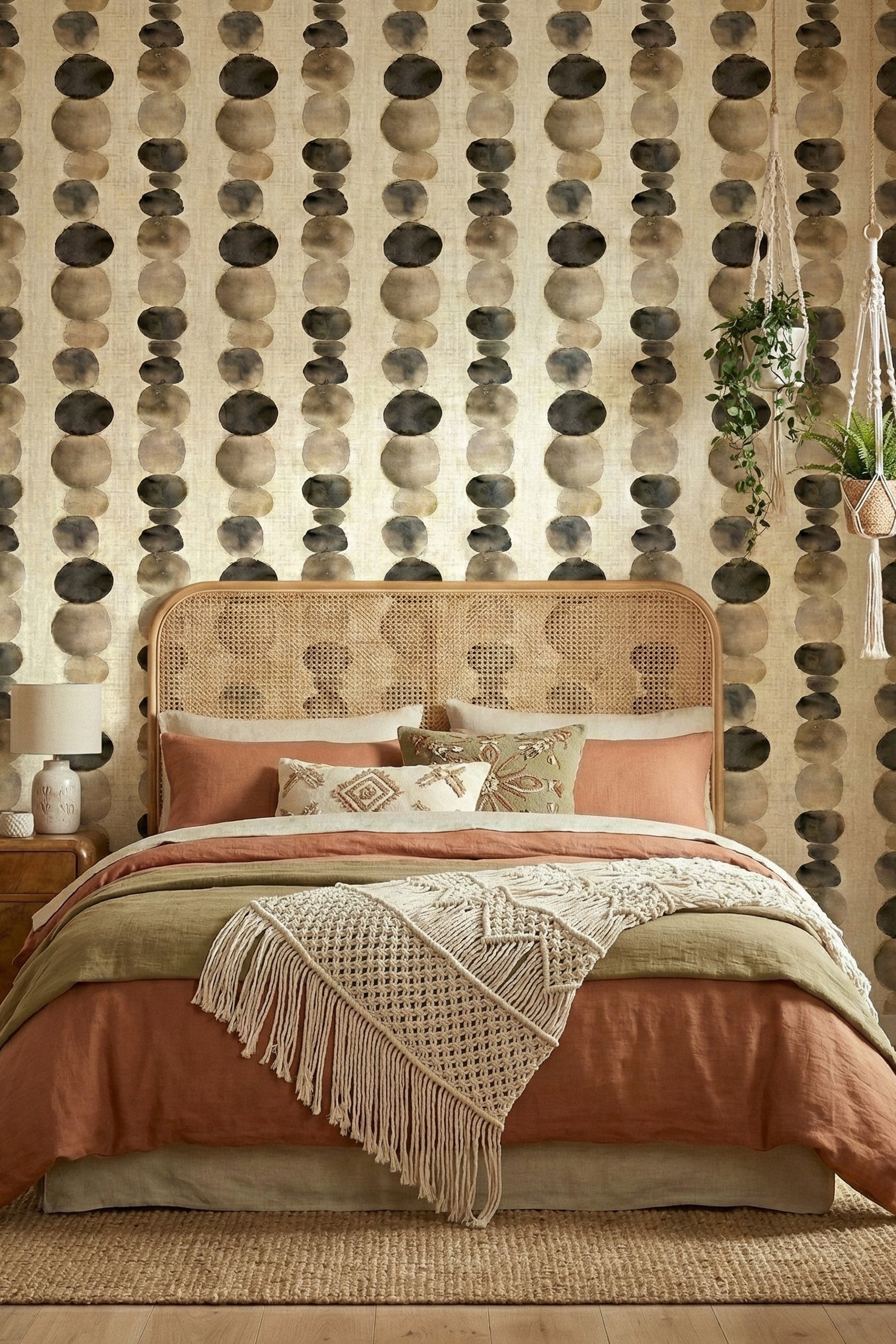 River Stones wallpaper shown in a bedroom