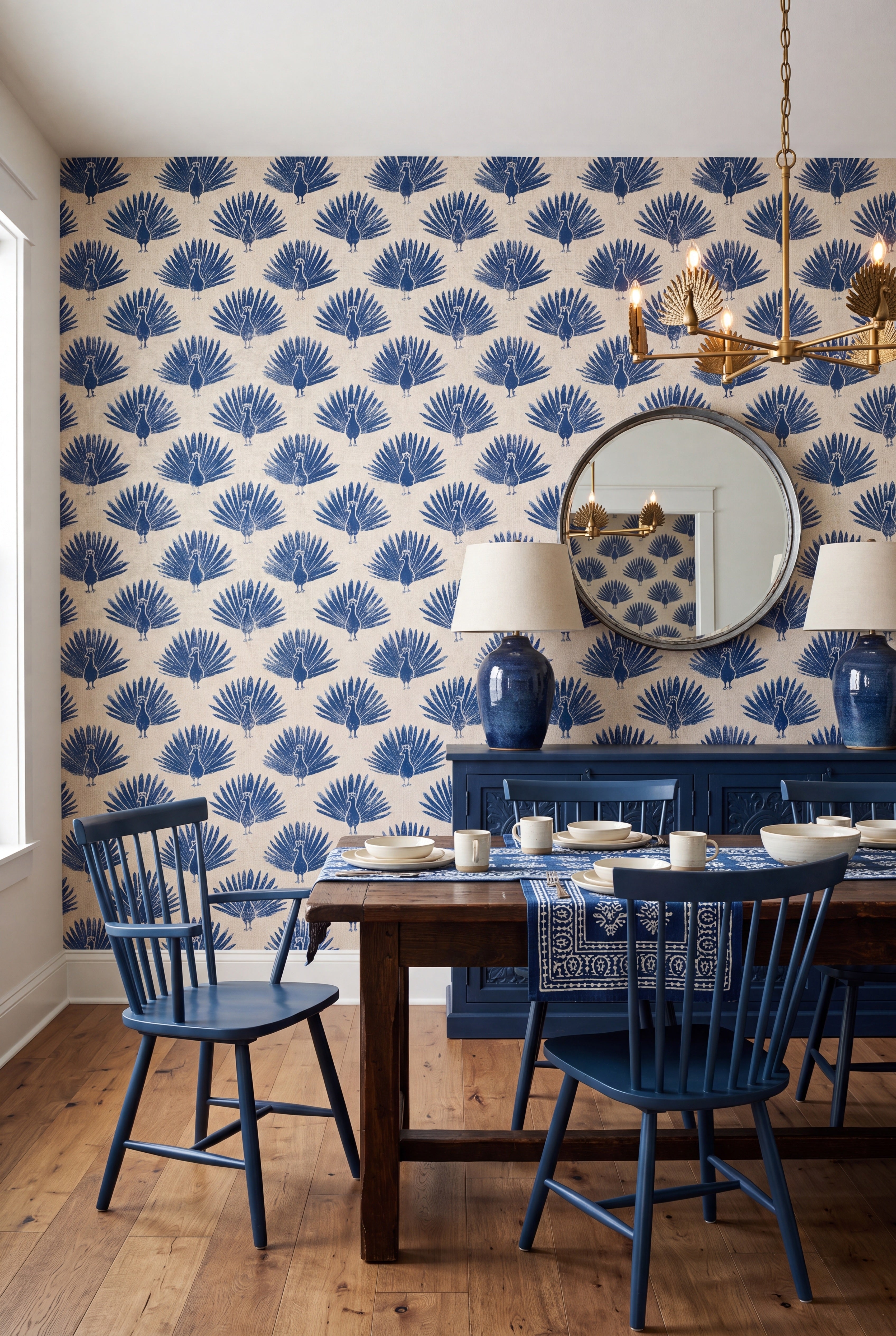 Linen Peacock wallpaper shown in a dining room