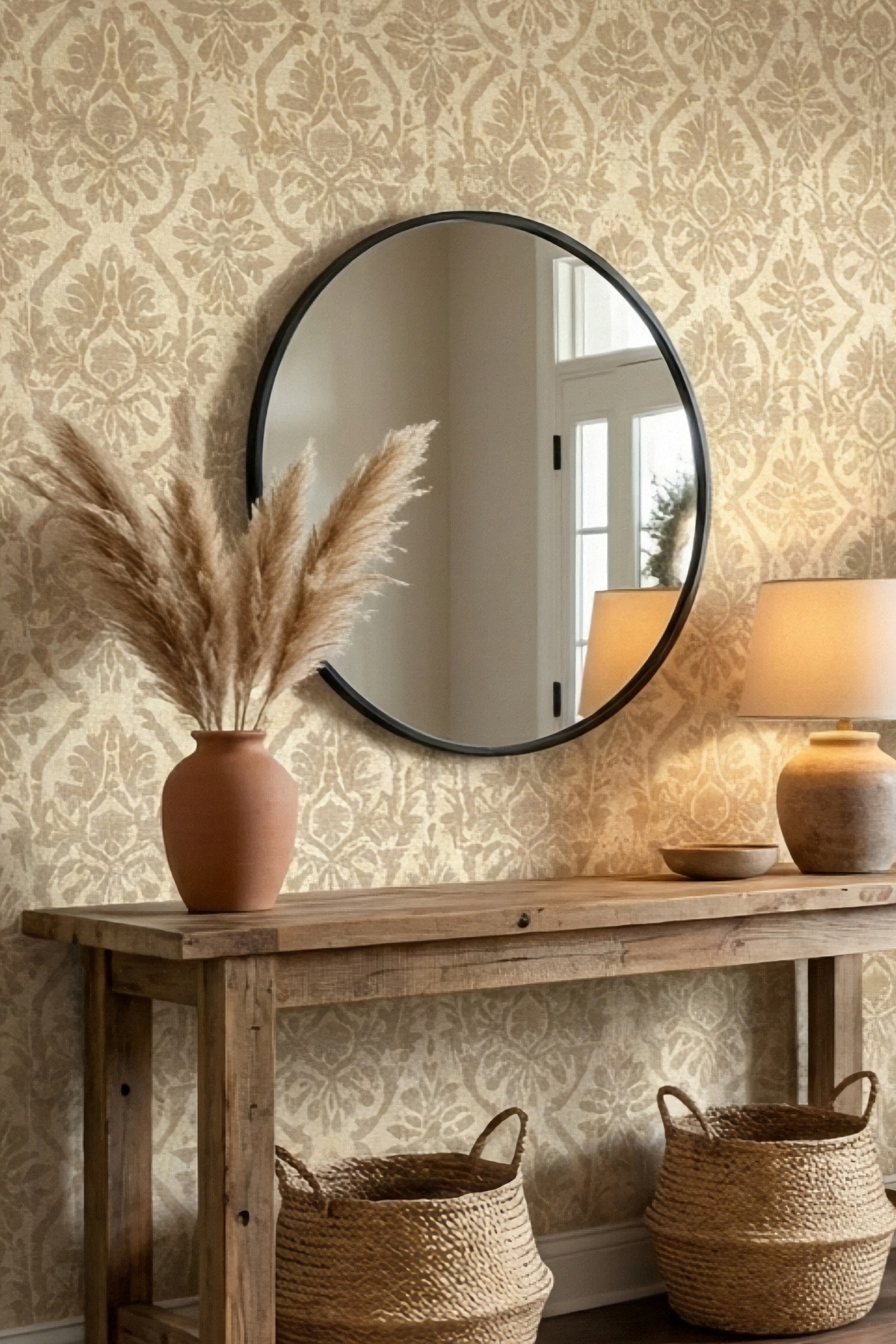 Linen Damask wallpaper shown in an entryway