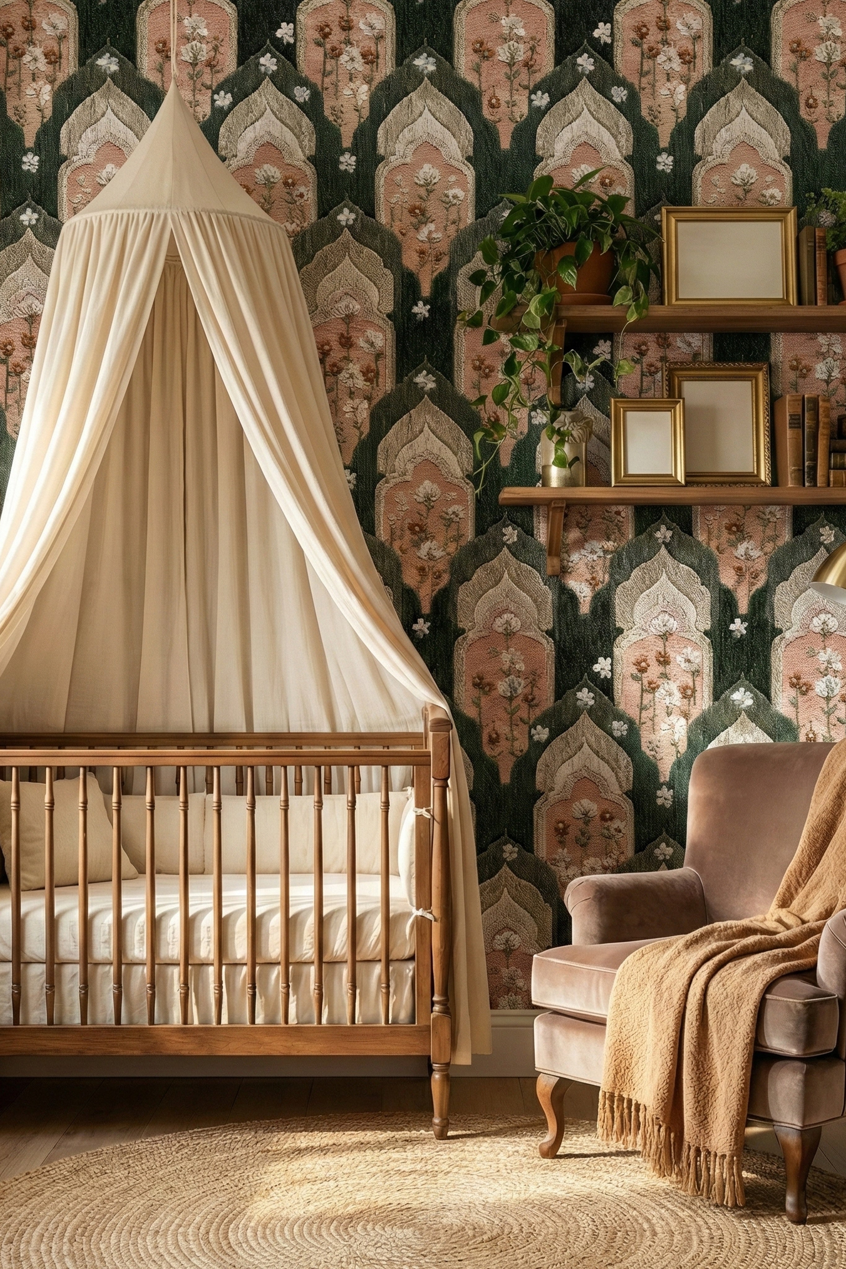 Emerald Medina wallpaper shown in a nursery