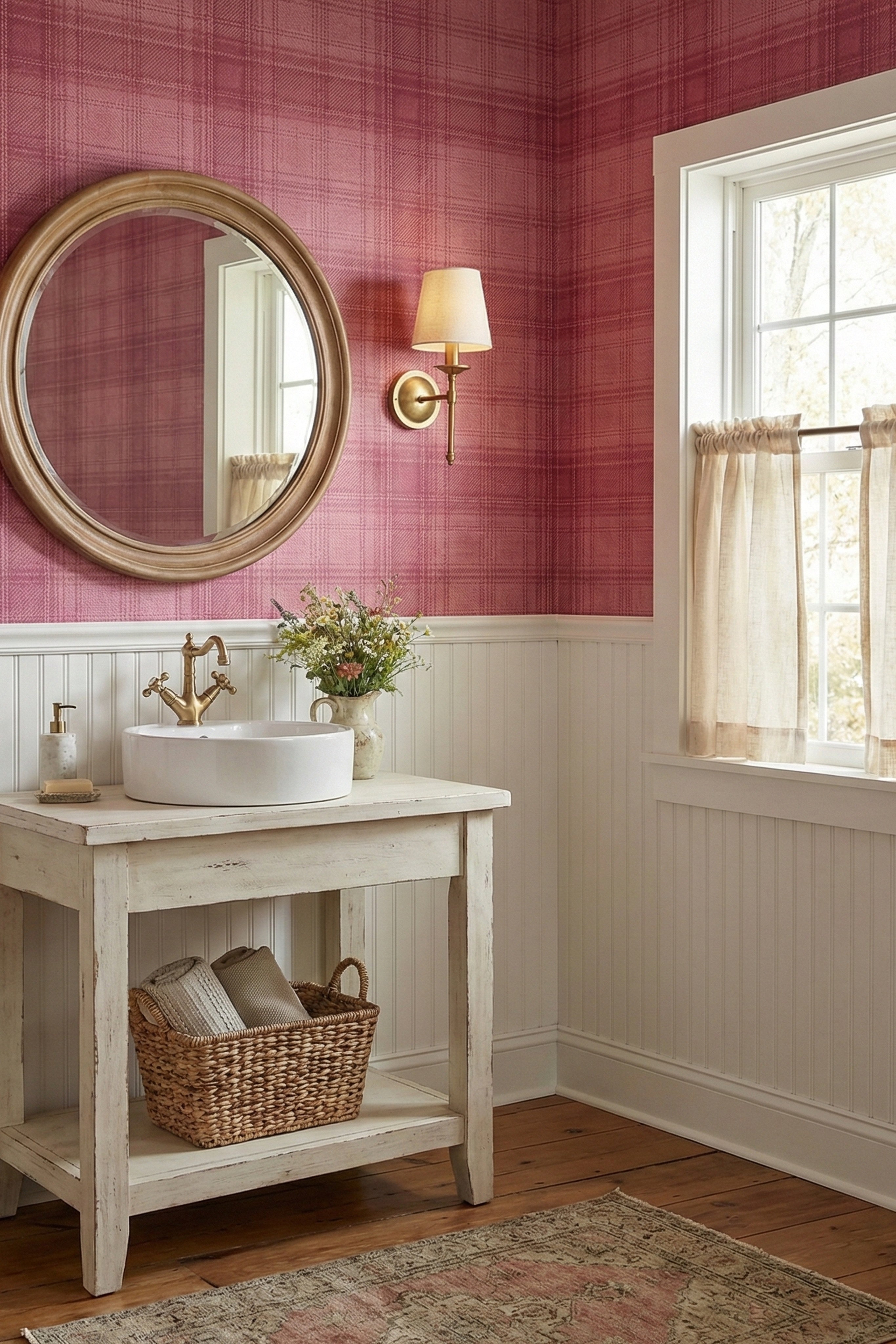 Pink Flannel wallpaper shown in a powder room