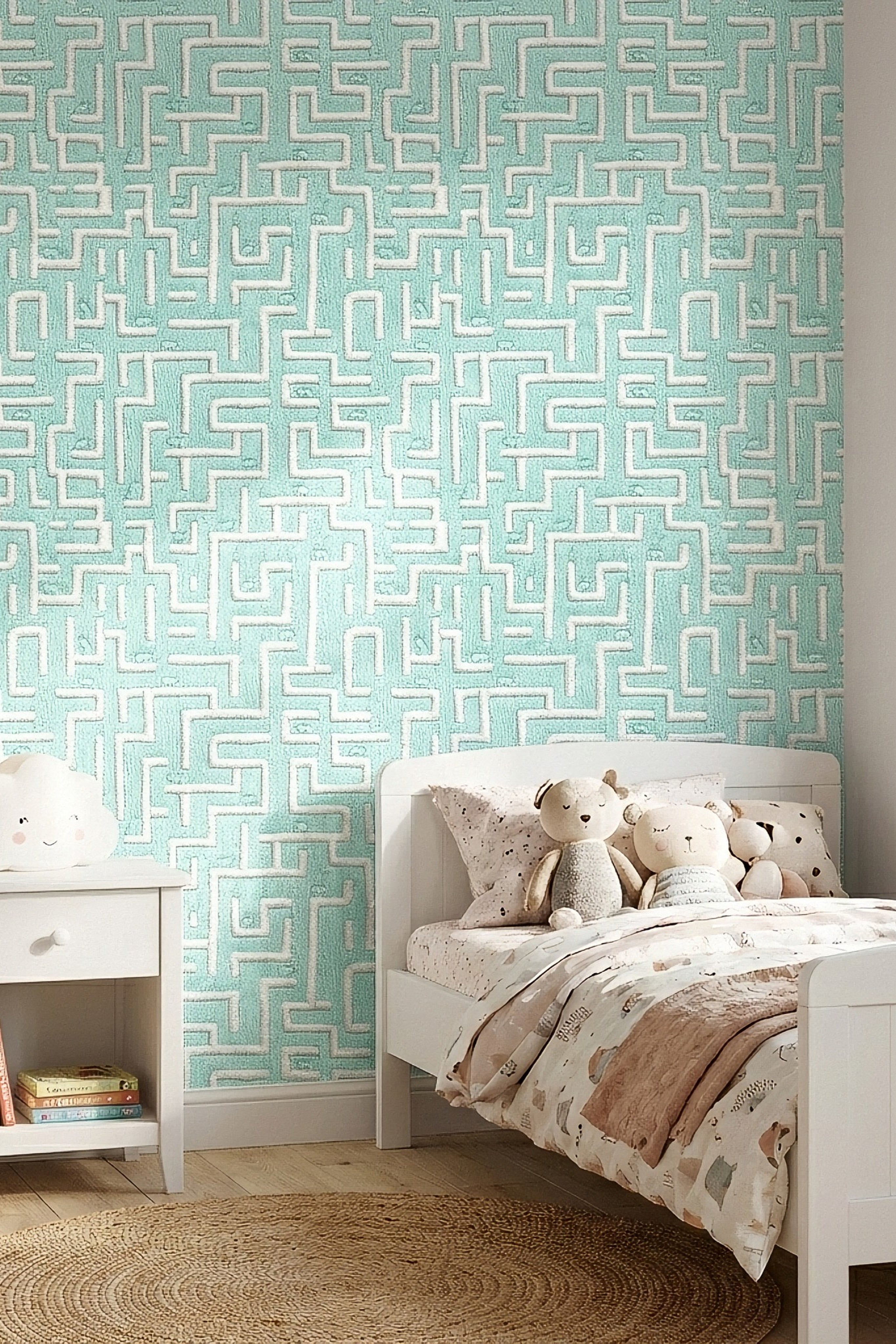 Mint Maze wallpaper shown in a bedroom