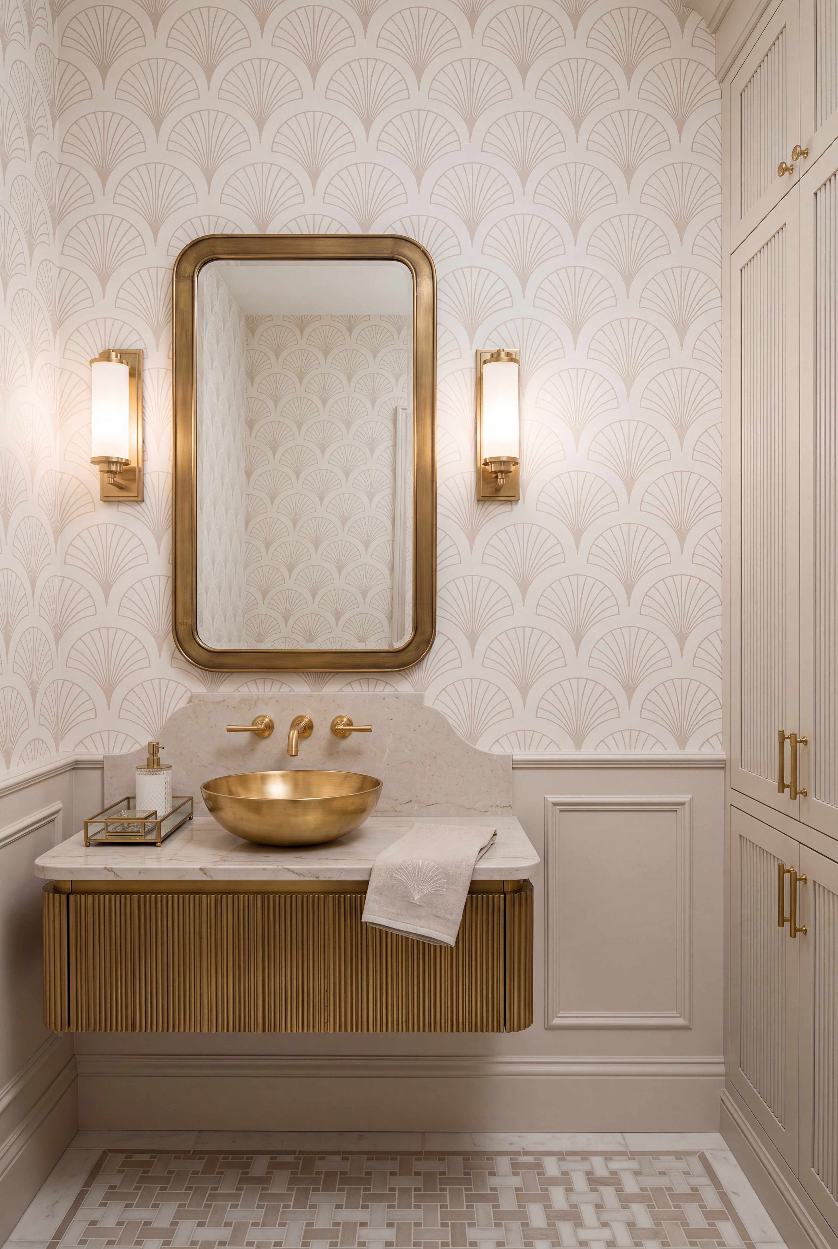 Fan Club wallpaper shown in a powder room