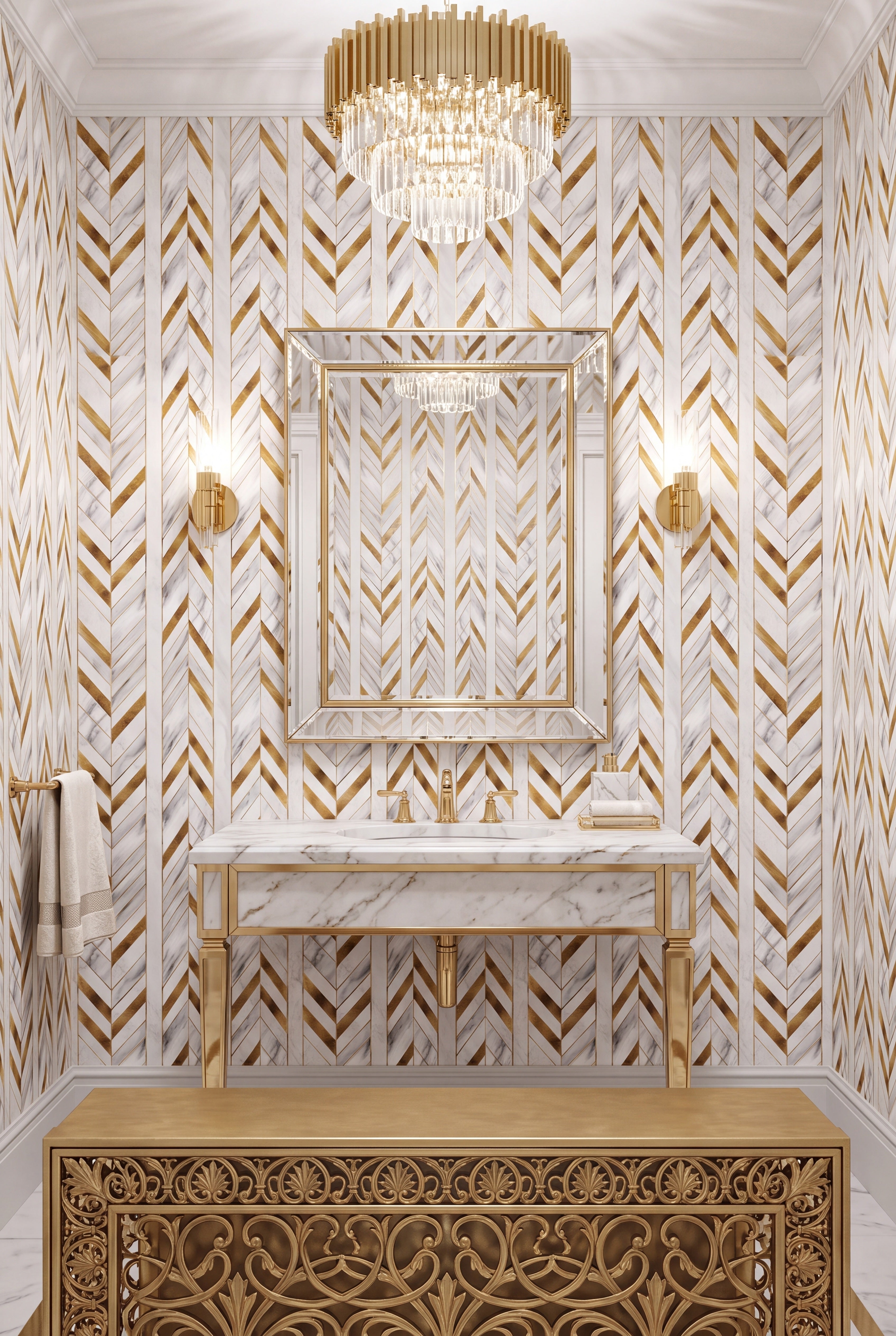 Gilded Chevron wallpaper shown in a powder room