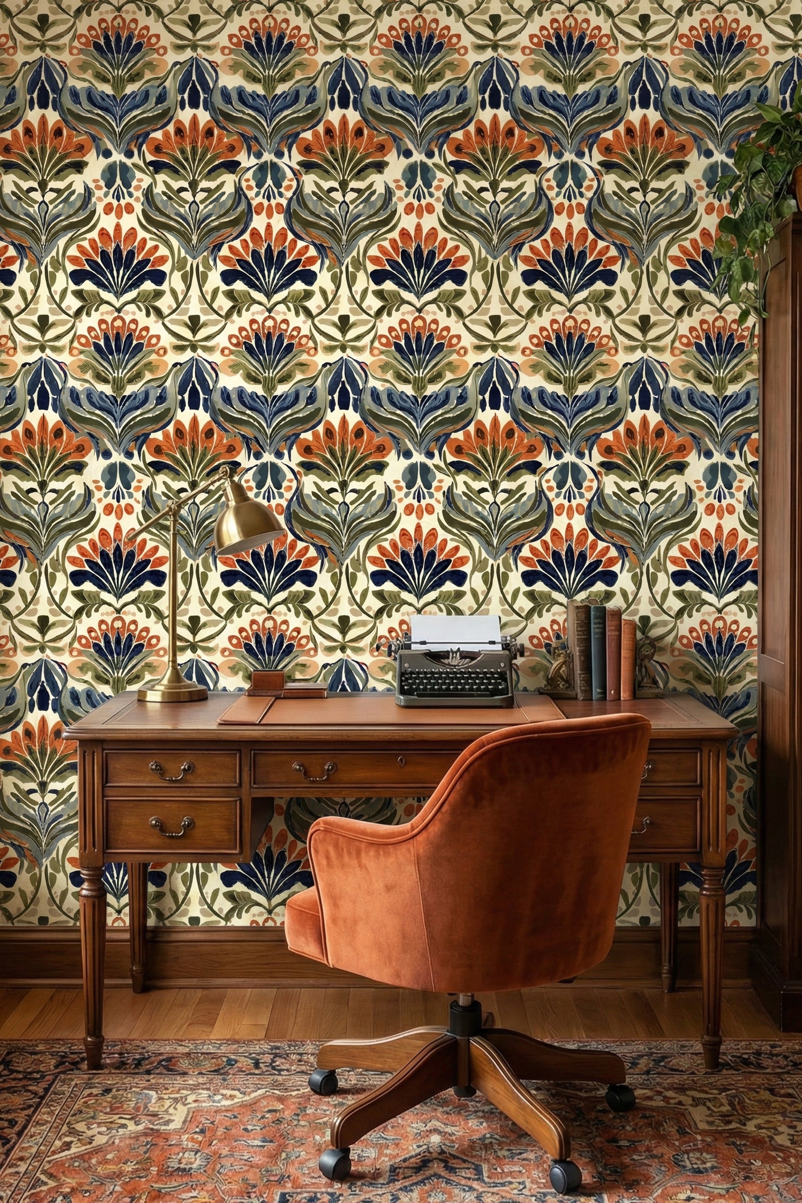 Nouveau Peacock wallpaper shown in a home office