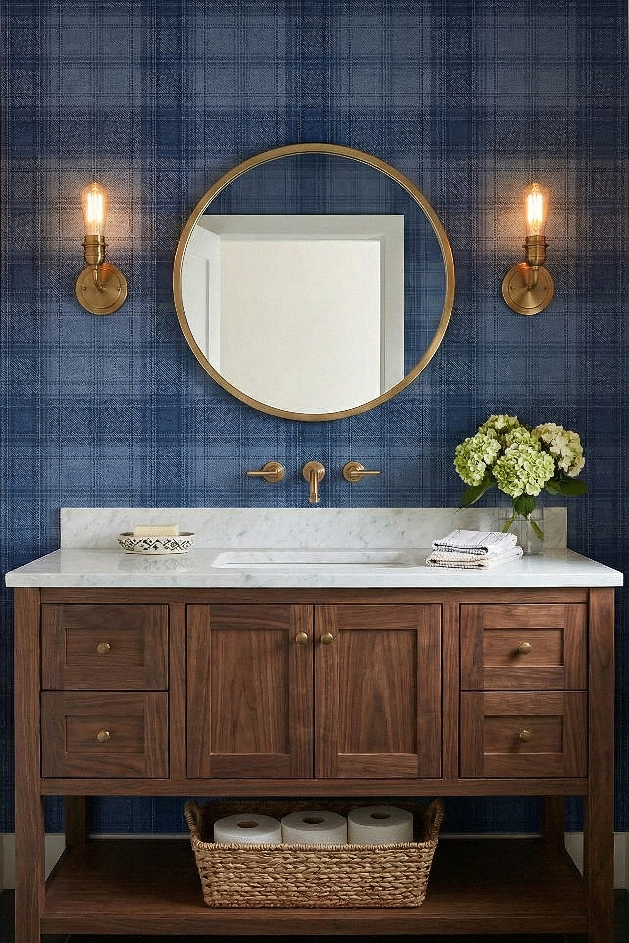 Navy Flannel wallpaper shown in a powder room