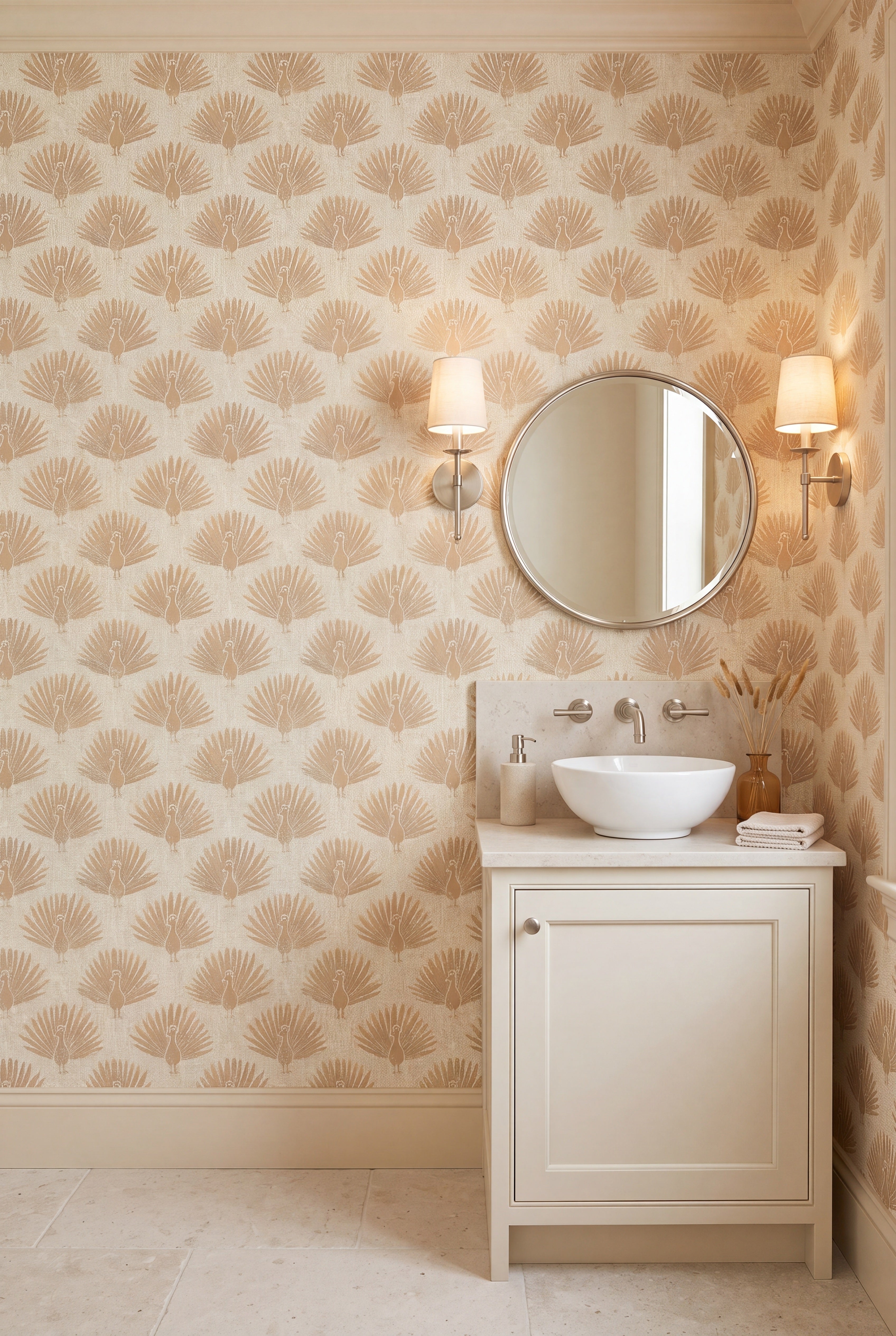Golden Peacock wallpaper shown in a powder room