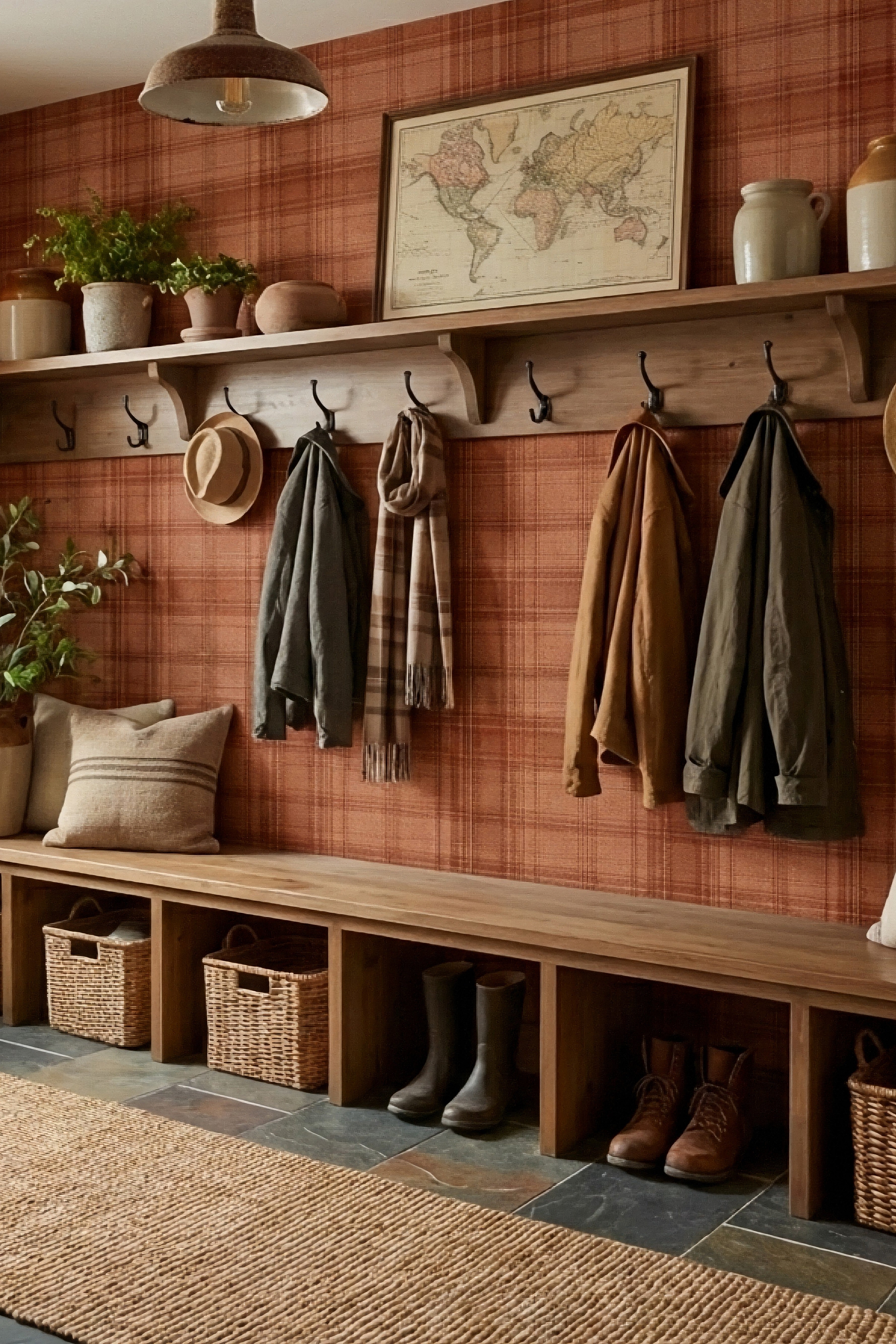 Rust Flannel wallpaper shown in a mudroom