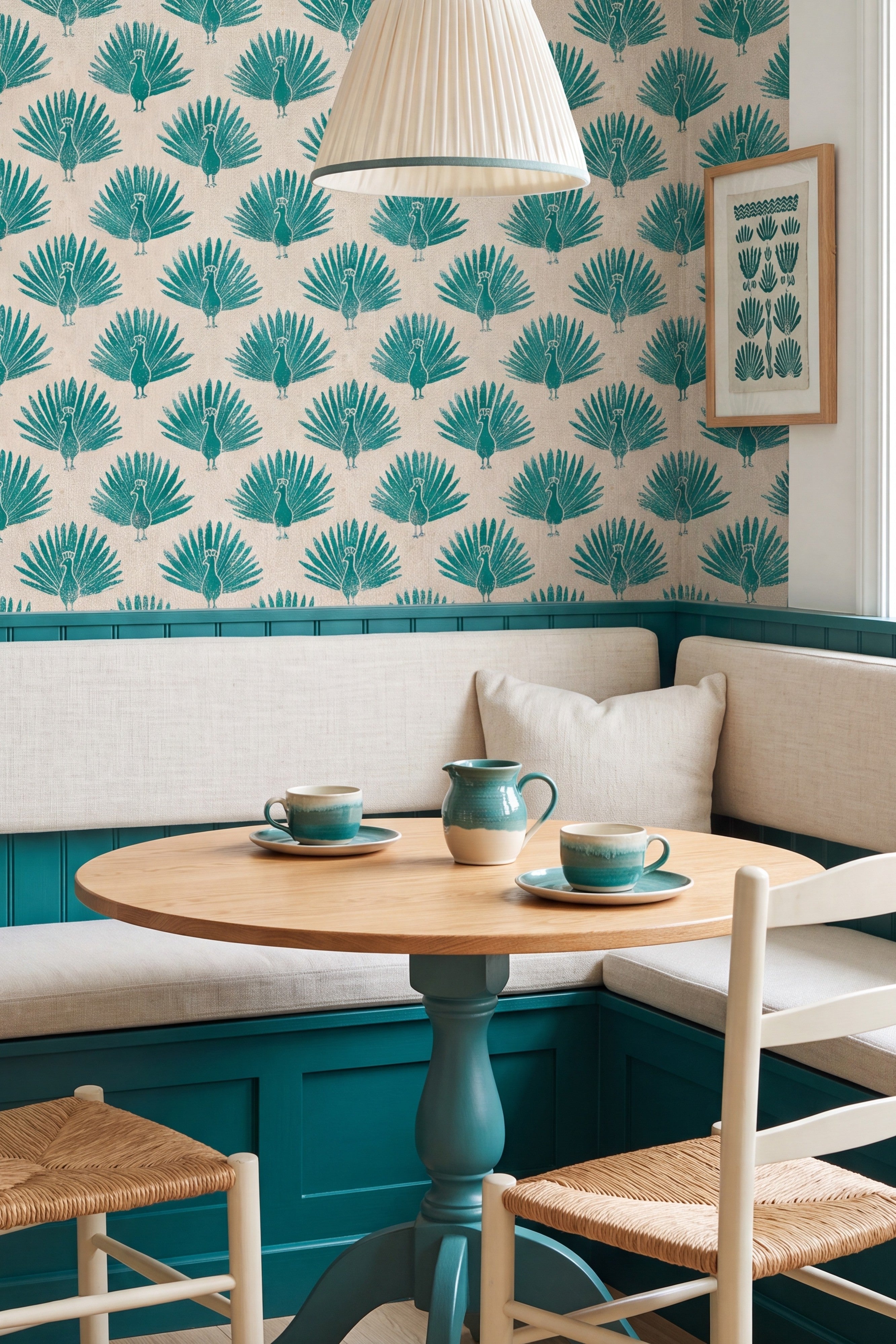 Fern Peacock wallpaper shown in a cozy nook