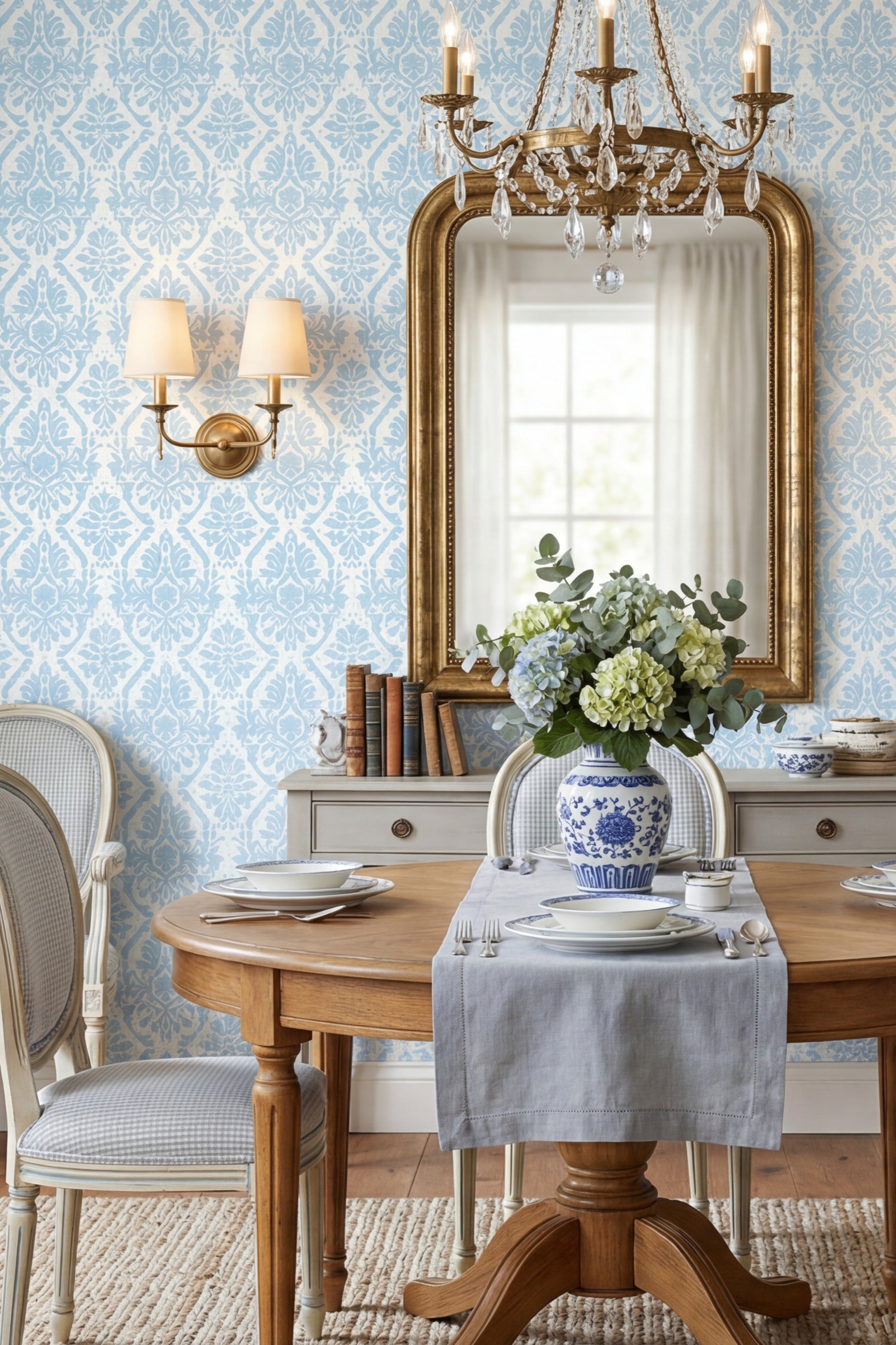 Morris Blue wallpaper shown in a dining room