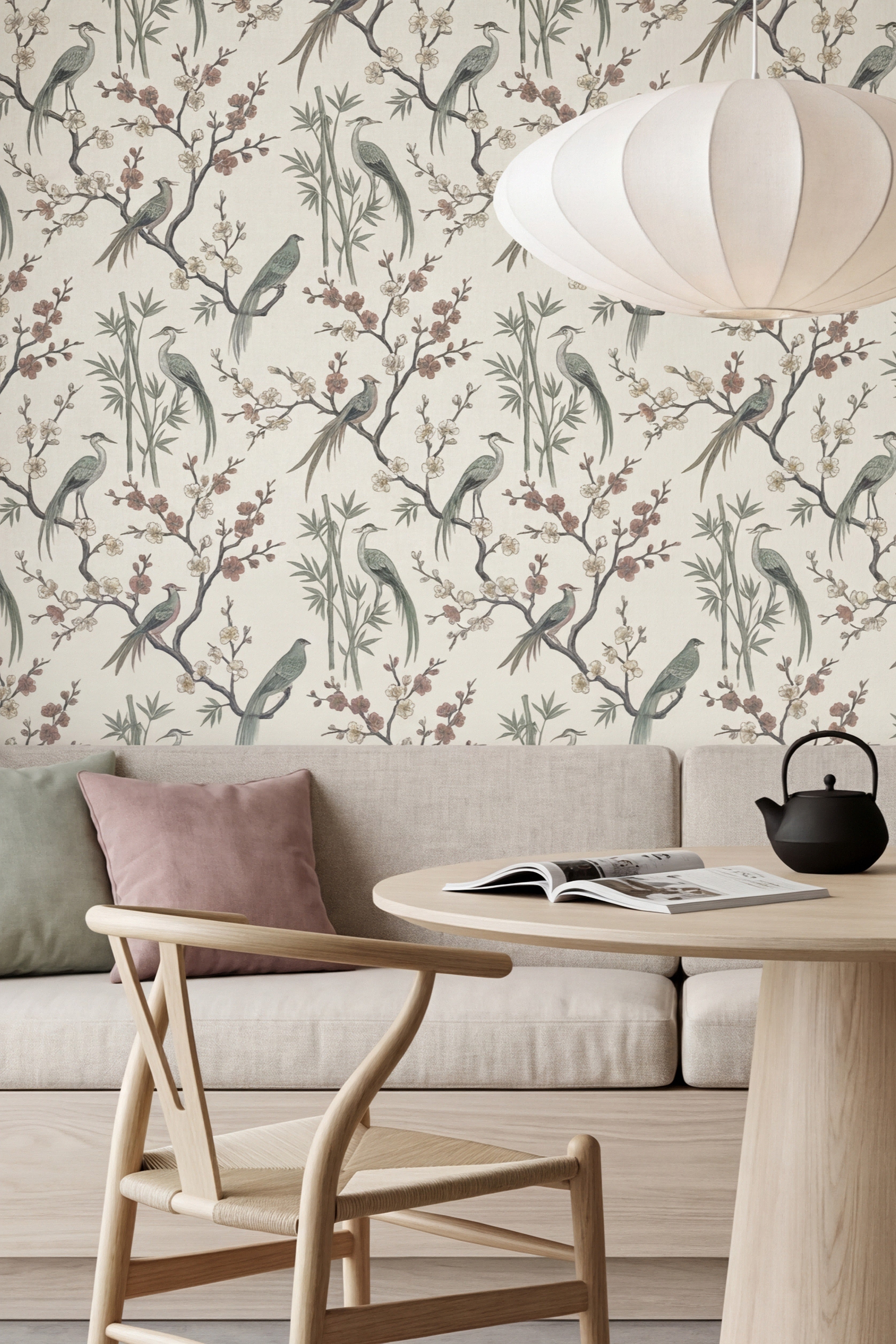 Crane Garden wallpaper shown in a cozy nook
