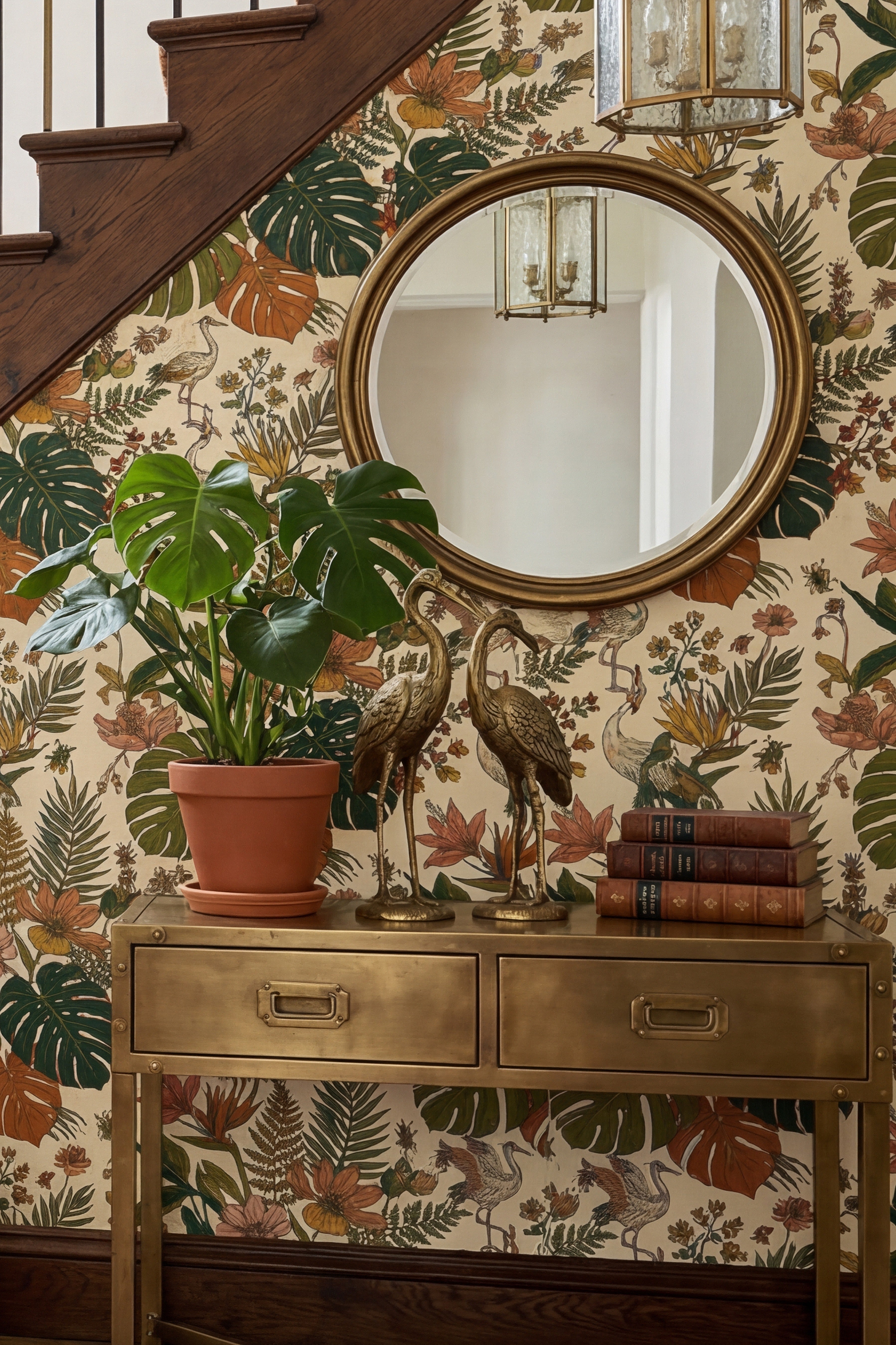 Monstera Mambo wallpaper shown in a stairway