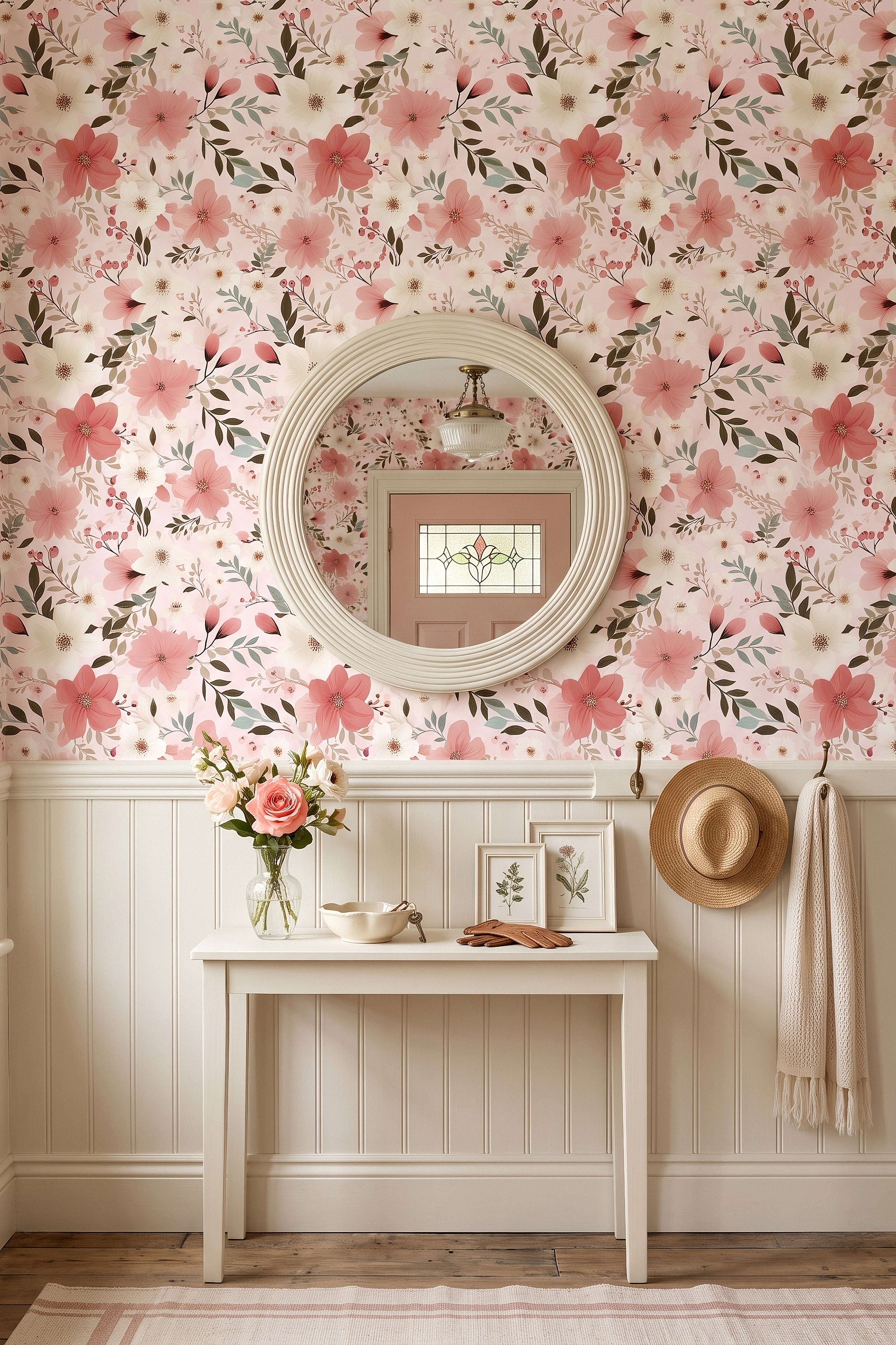 Rosie Posy wallpaper shown in an entryway