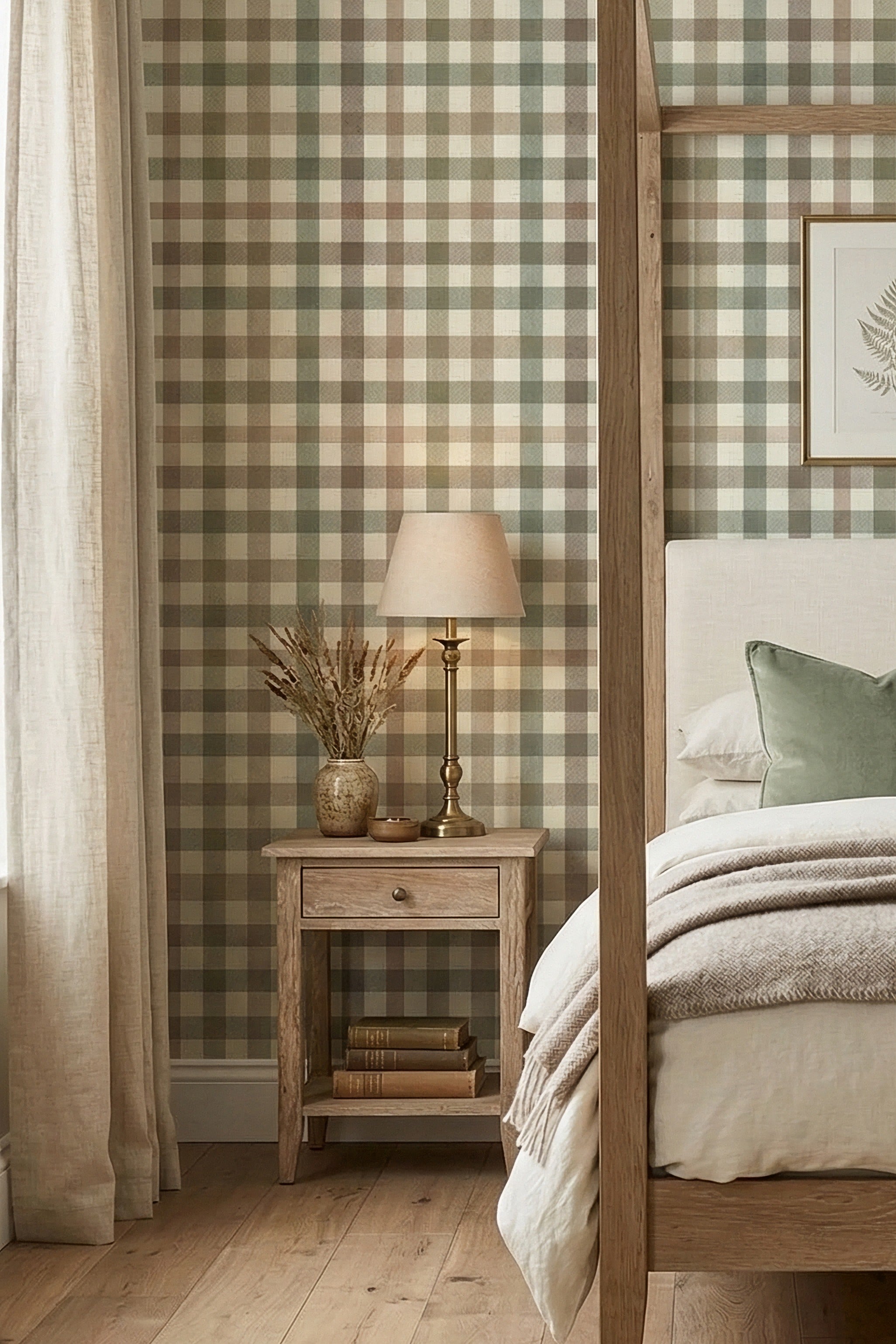 Market Gingham wallpaper shown in a bedroom