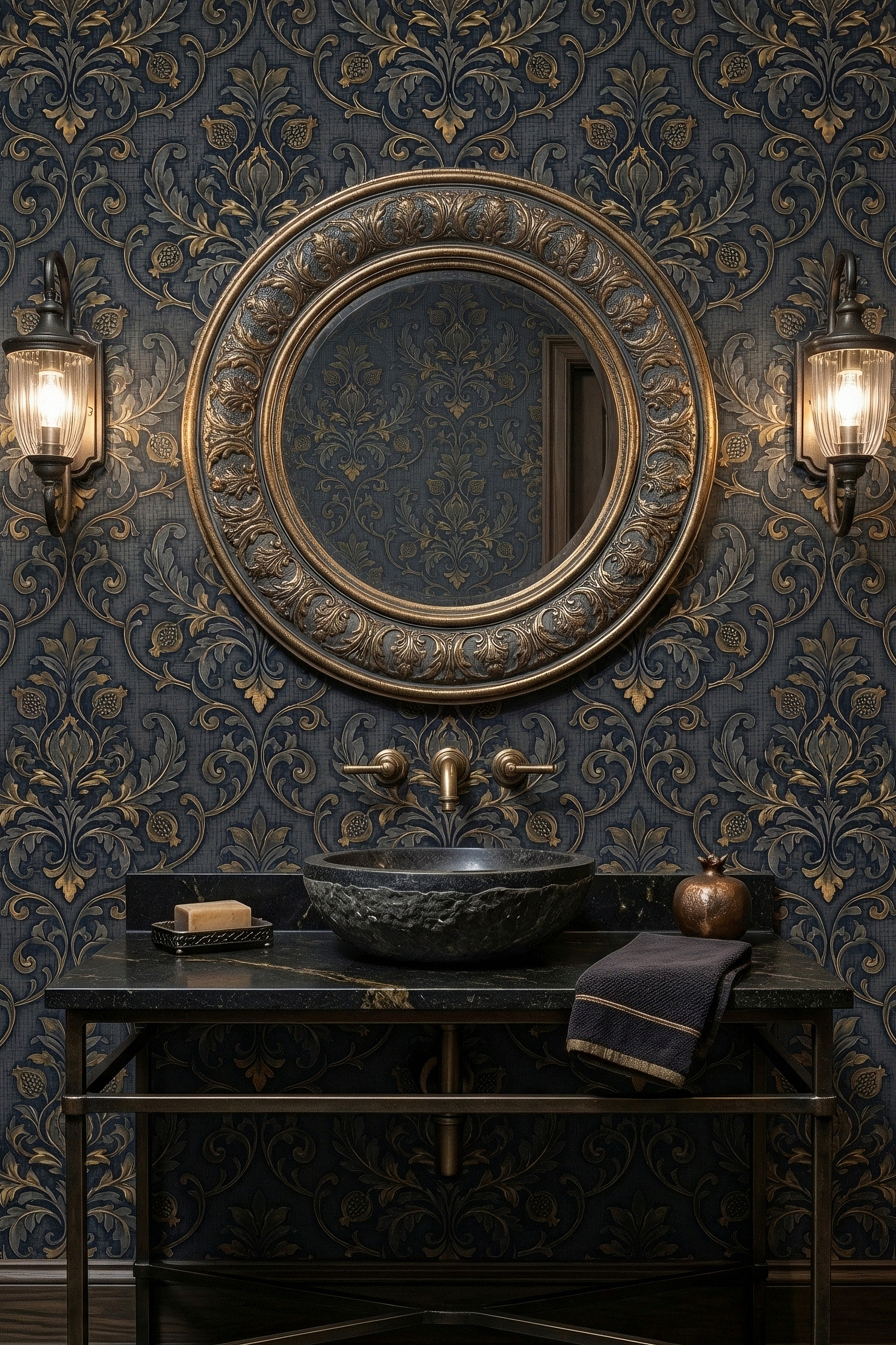 Midnight Damask wallpaper shown in a powder room