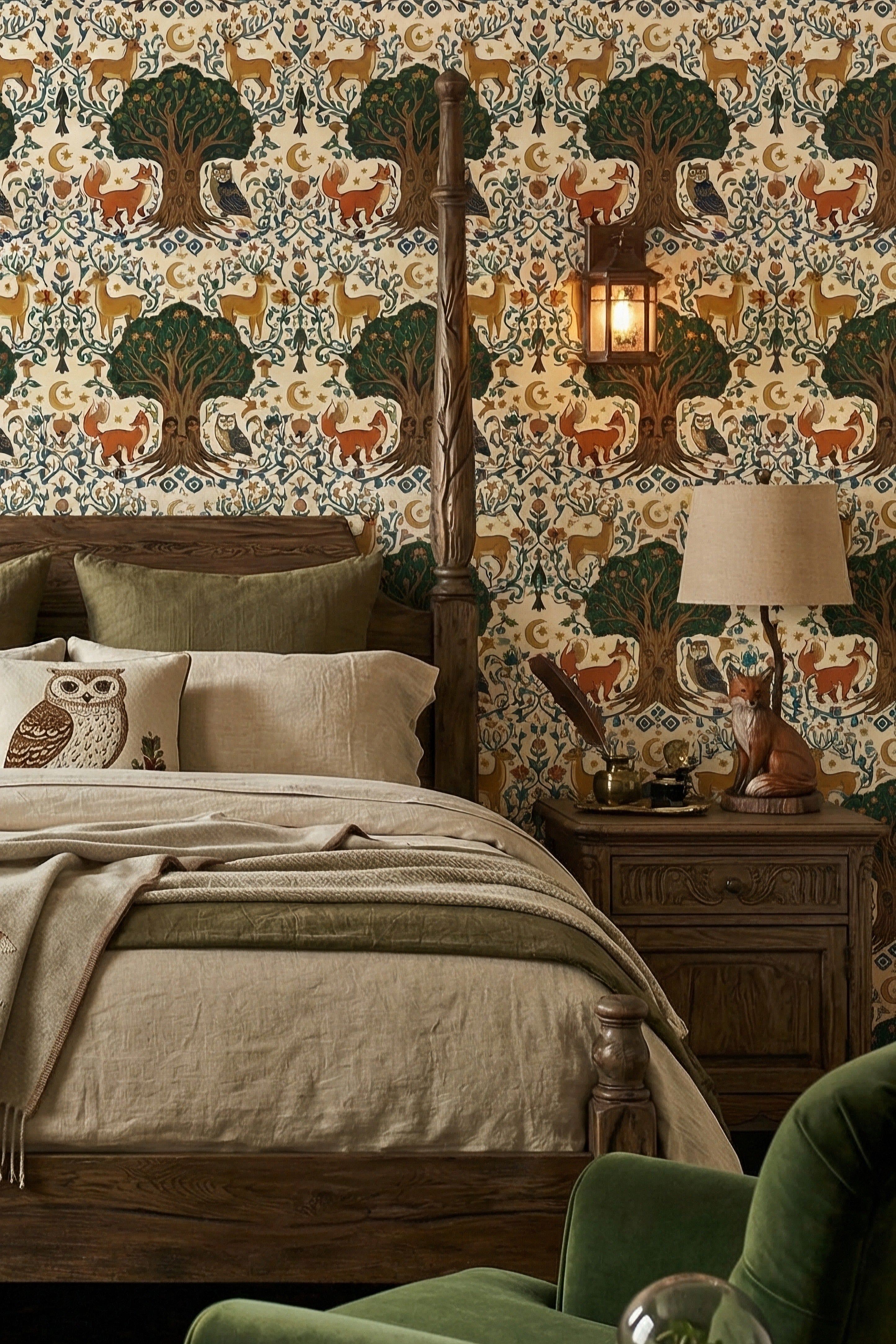 Woodland Lullaby wallpaper shown in a bedroom