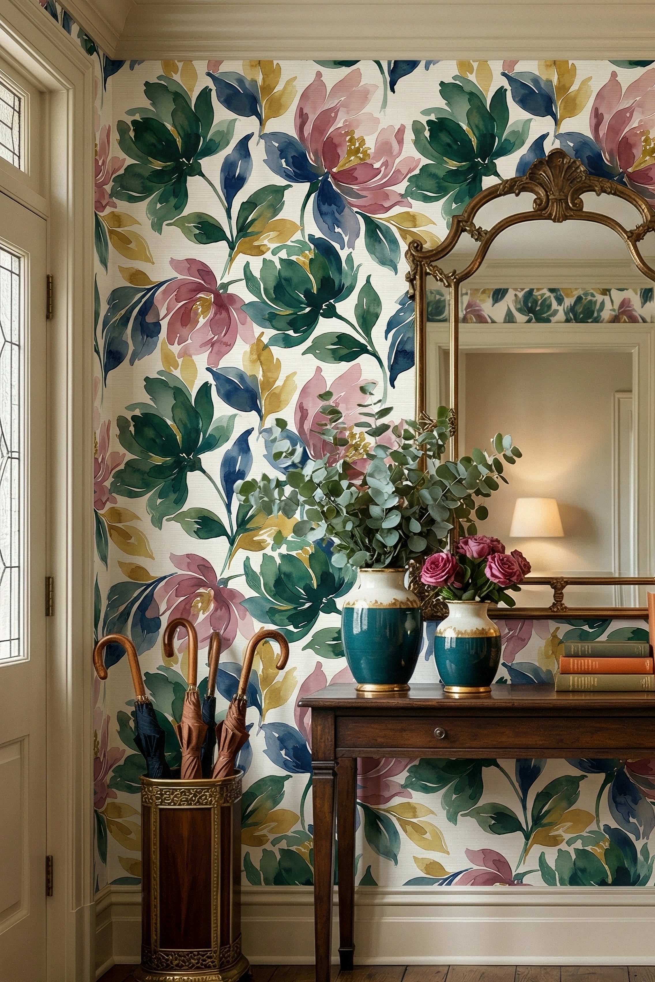 Wildflower Parade wallpaper shown in an entryway