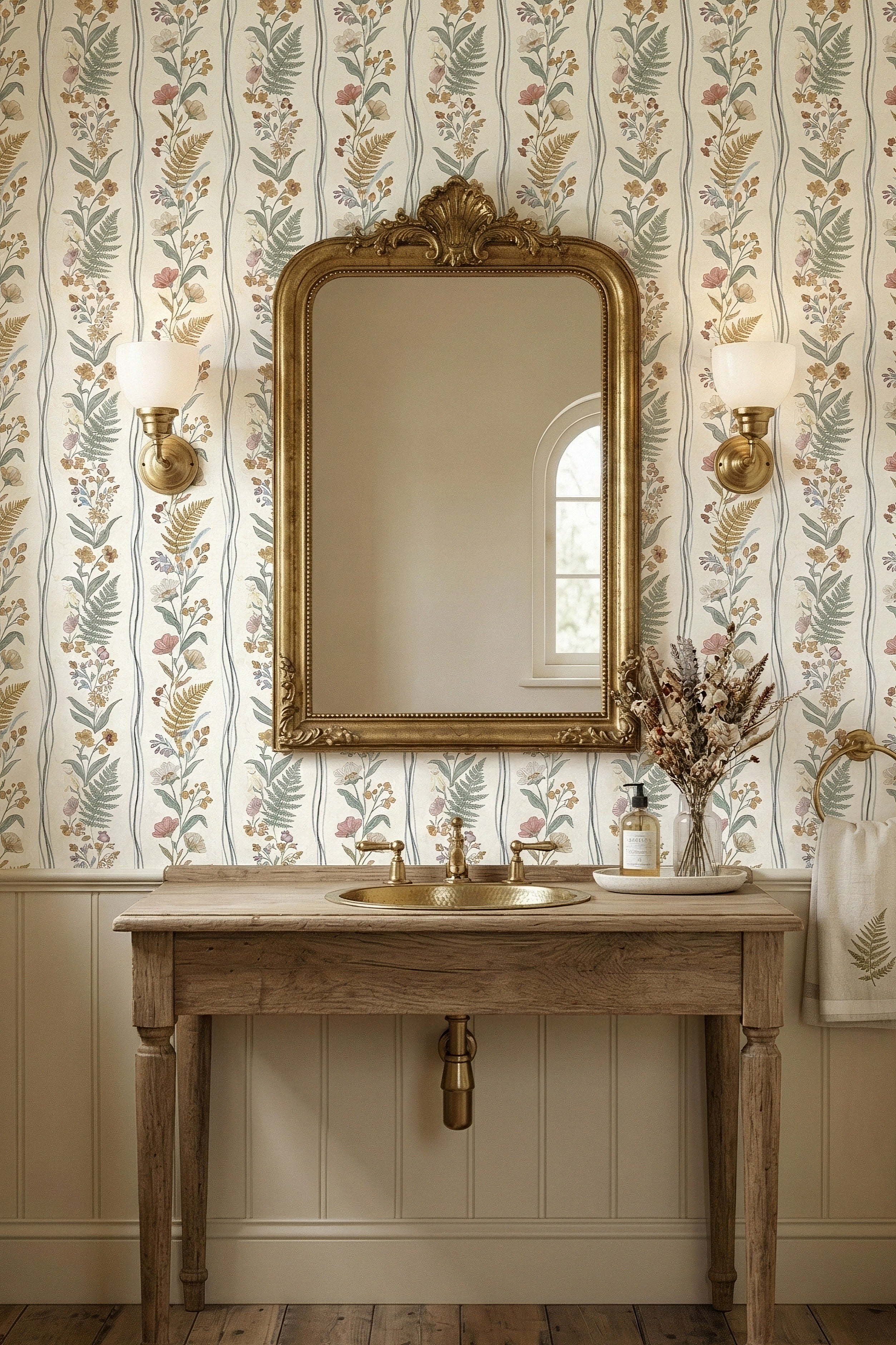 English Posy wallpaper shown in a powder room