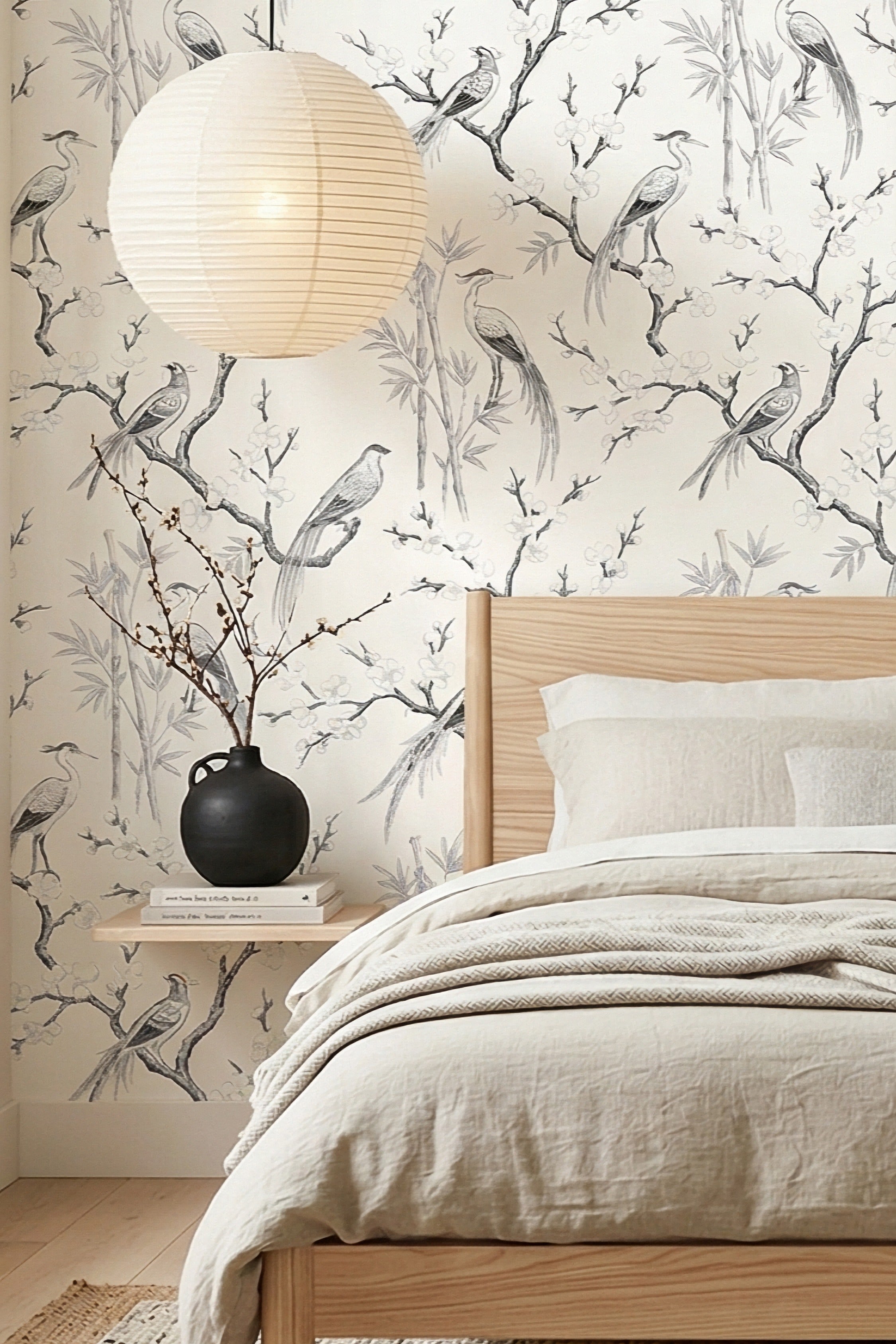 Ink Crane wallpaper shown in a bedroom