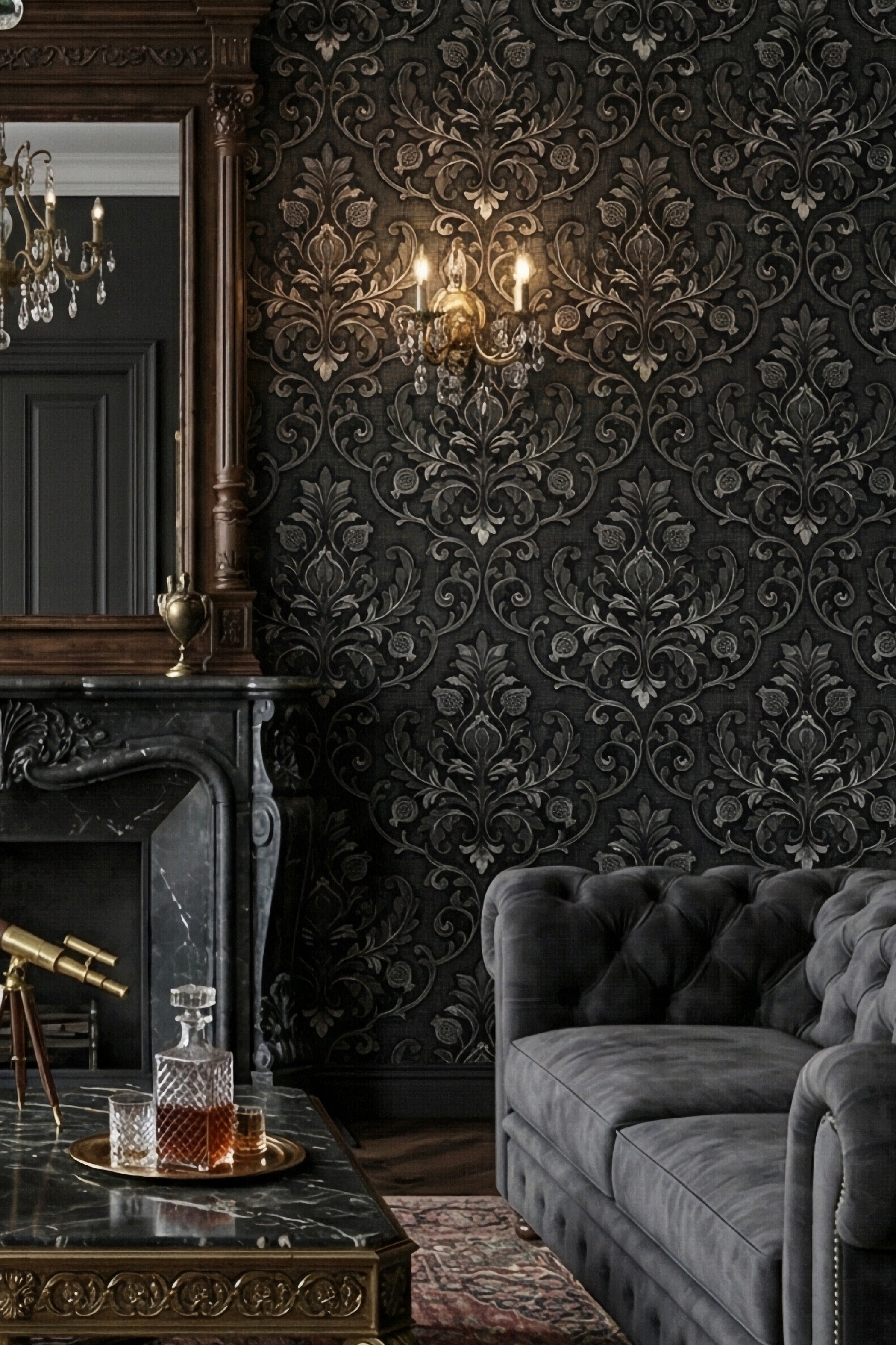 Sterling Gothic wallpaper shown in a living room