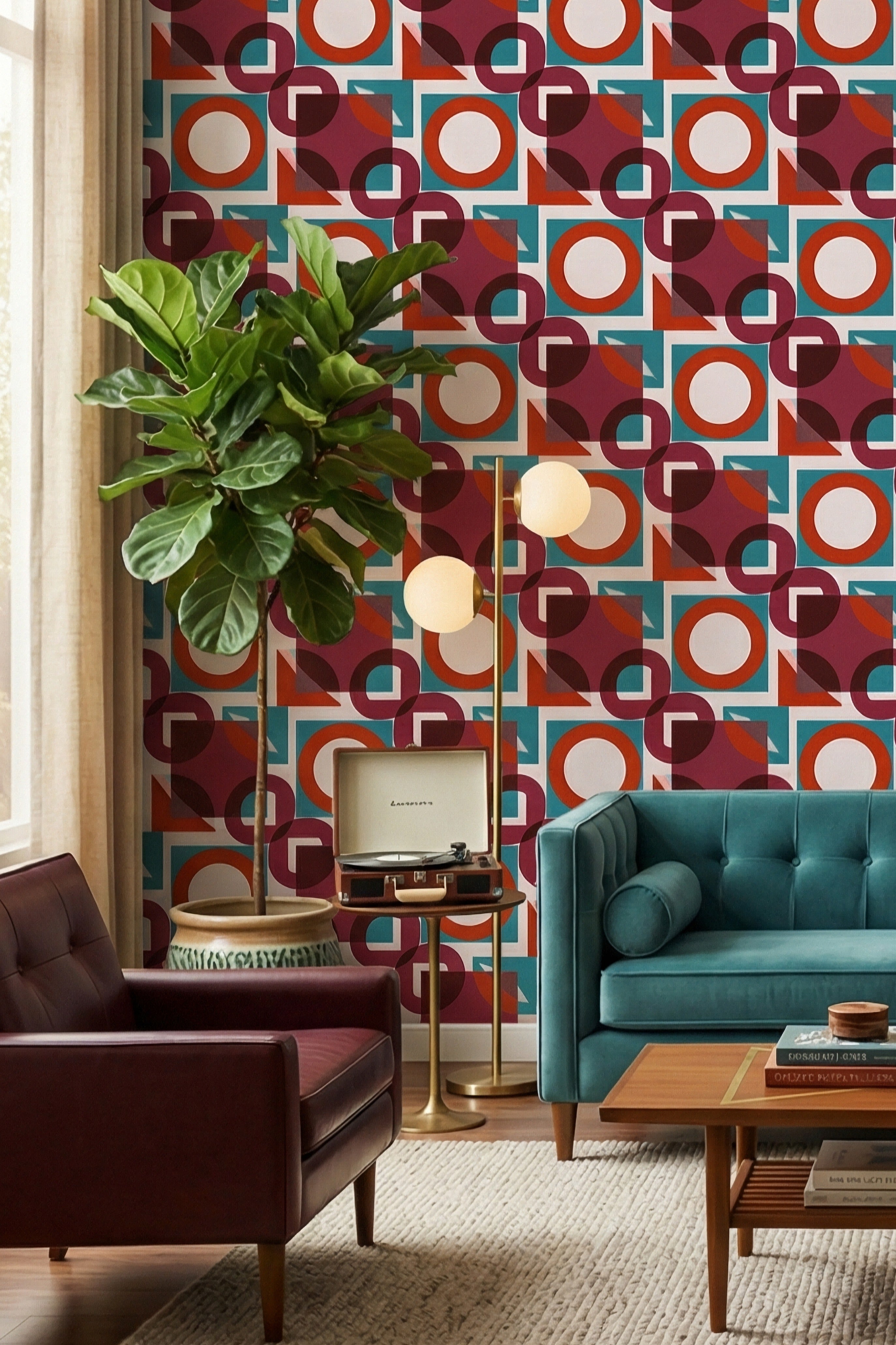 Retro Spice wallpaper shown in a living room