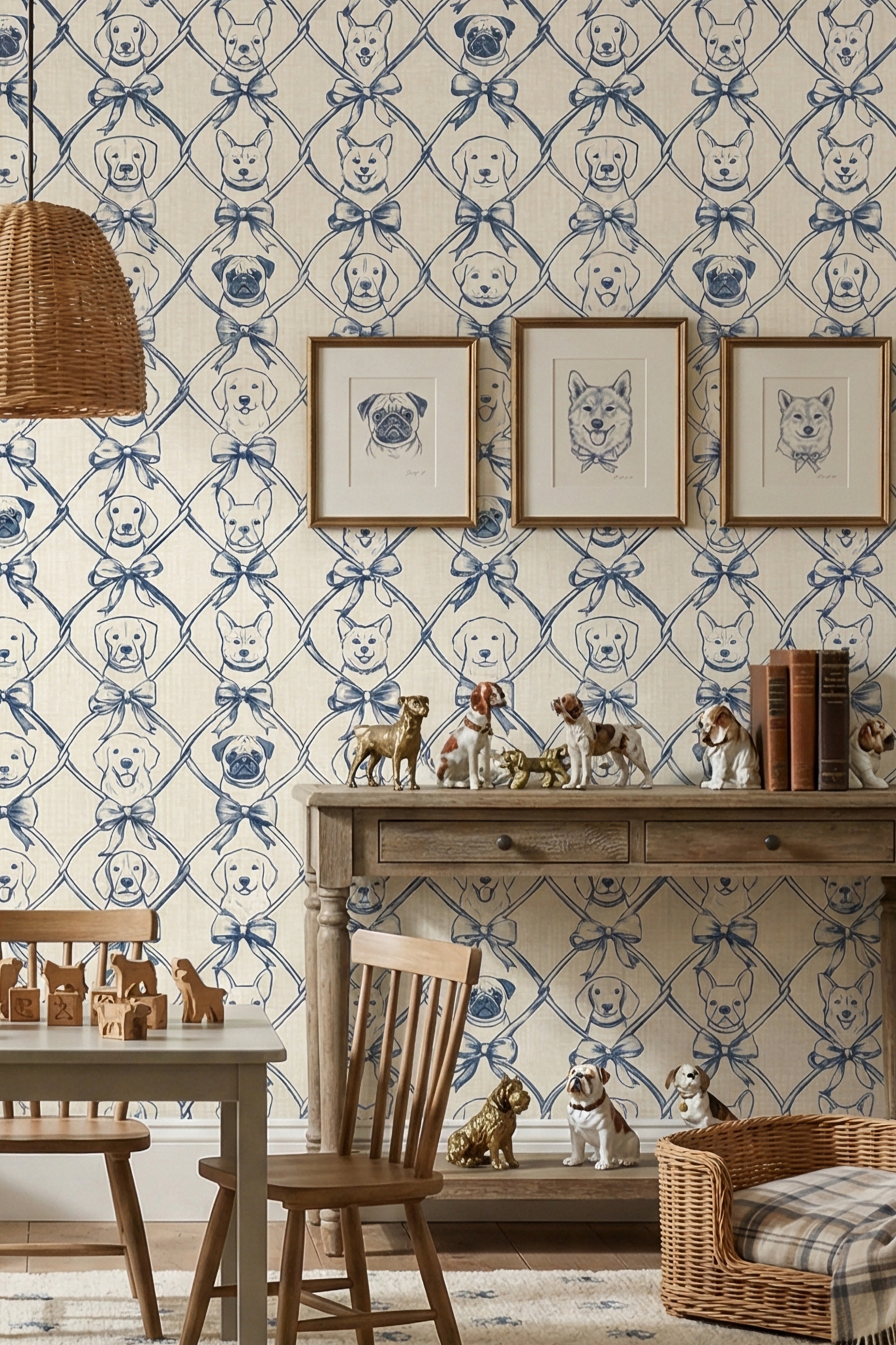 Puppy Toile wallpaper shown in a playroom