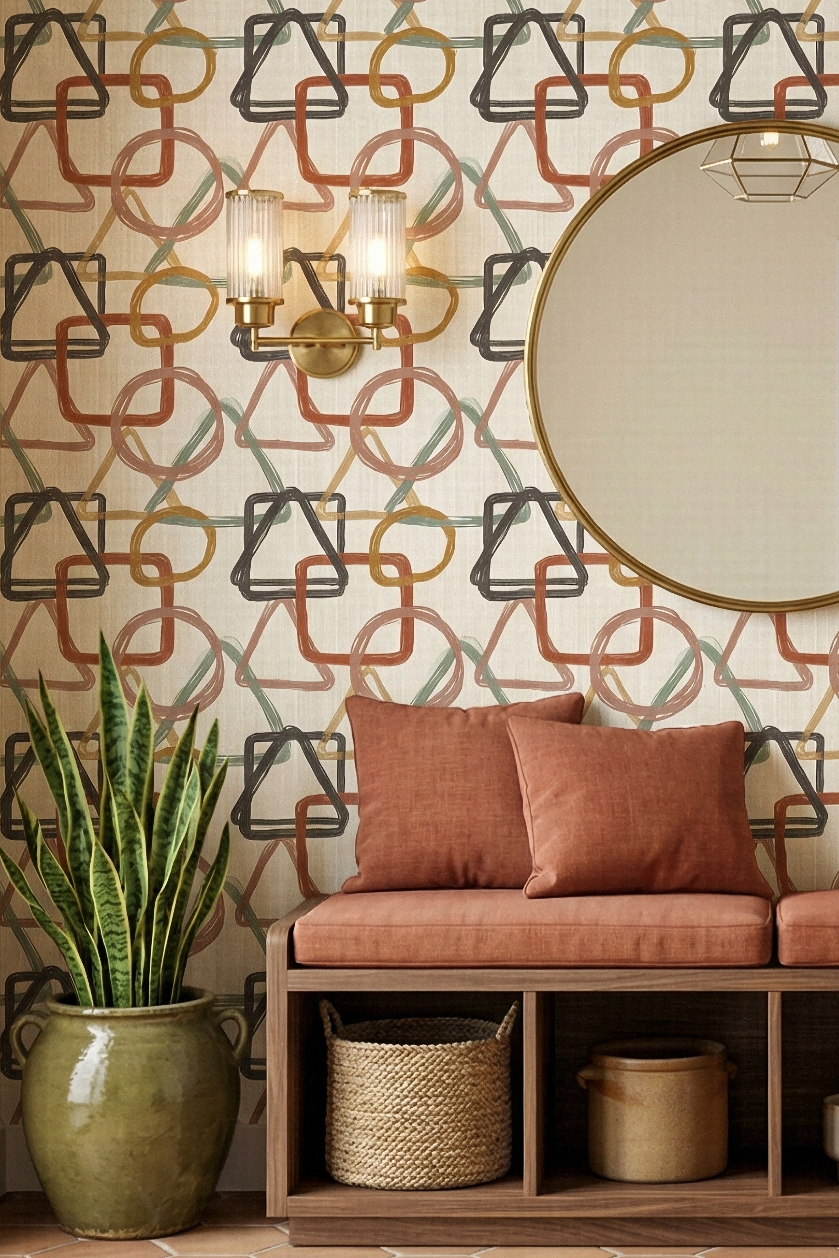 Terra Funk wallpaper shown in a mudroom